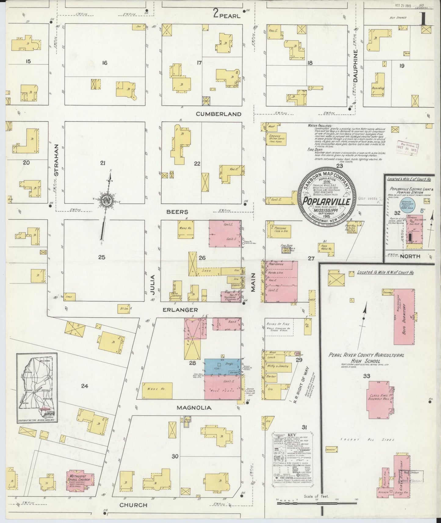 Sanborn Fire Insurance Map from Poplarville, Pearl River County, Mississippi (1915), Sheet #0001 - Historic Sanborn Fire Insurance Map Print, vintage old map wall art, antique decor, genealogy gift, Mississippi Mississippi map