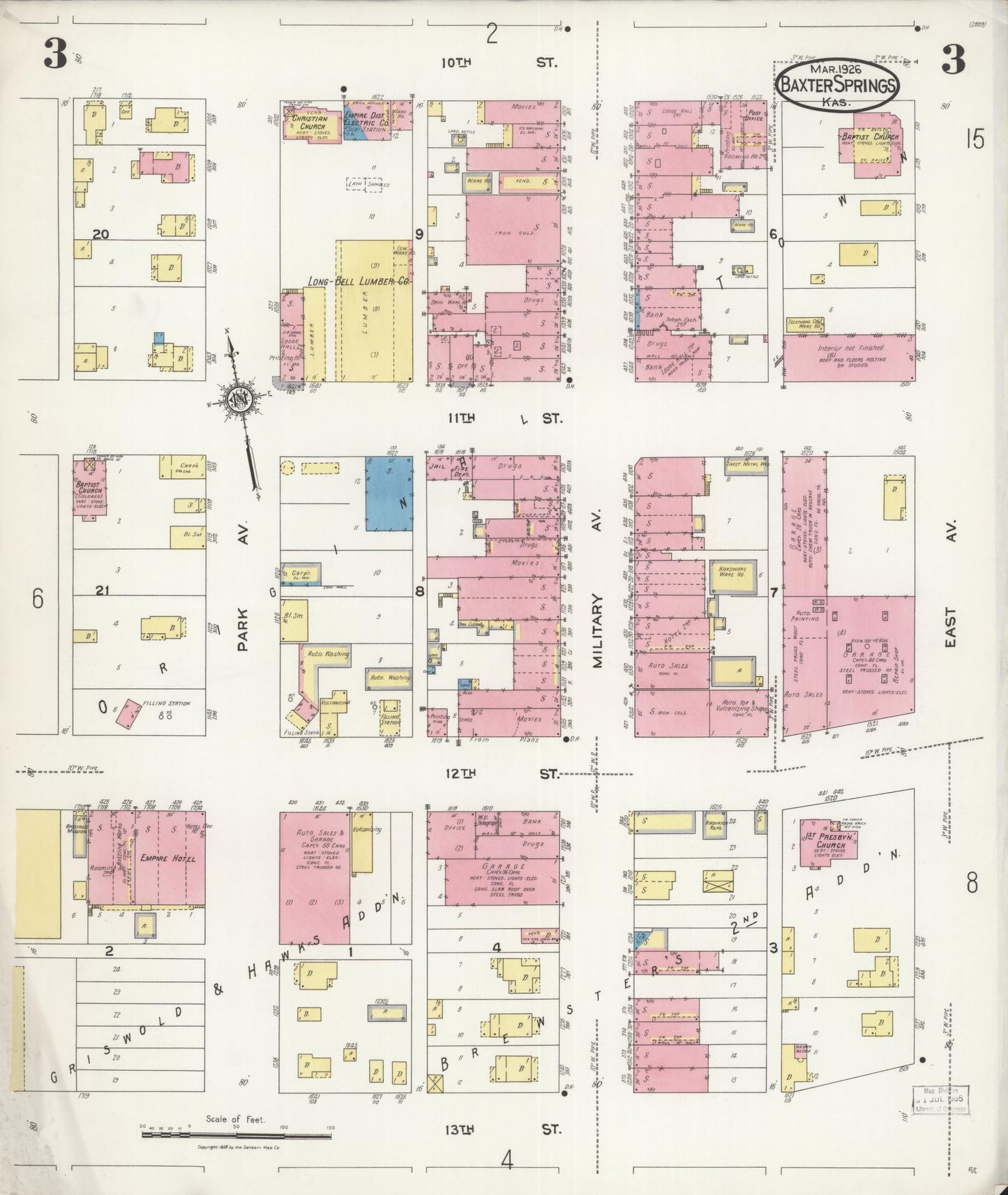 Sanborn Fire Insurance Map from Baxter Springs, Cherokee County, Kansas (1926), Sheet #0003 - Historic Sanborn Fire Insurance Map Print, vintage old map wall art, antique decor, genealogy gift, Kansas Kansas map