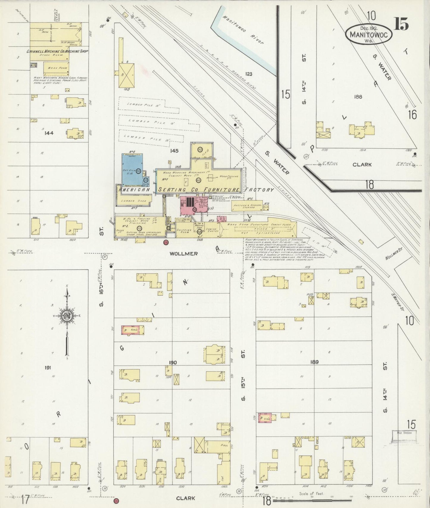 Sanborn Fire Insurance Map from Manitowoc, Manitowoc County, Wisconsin (1912), Sheet #0015 - Historic Sanborn Fire Insurance Map Print, vintage old map wall art, antique decor, genealogy gift, Wisconsin Wisconsin map