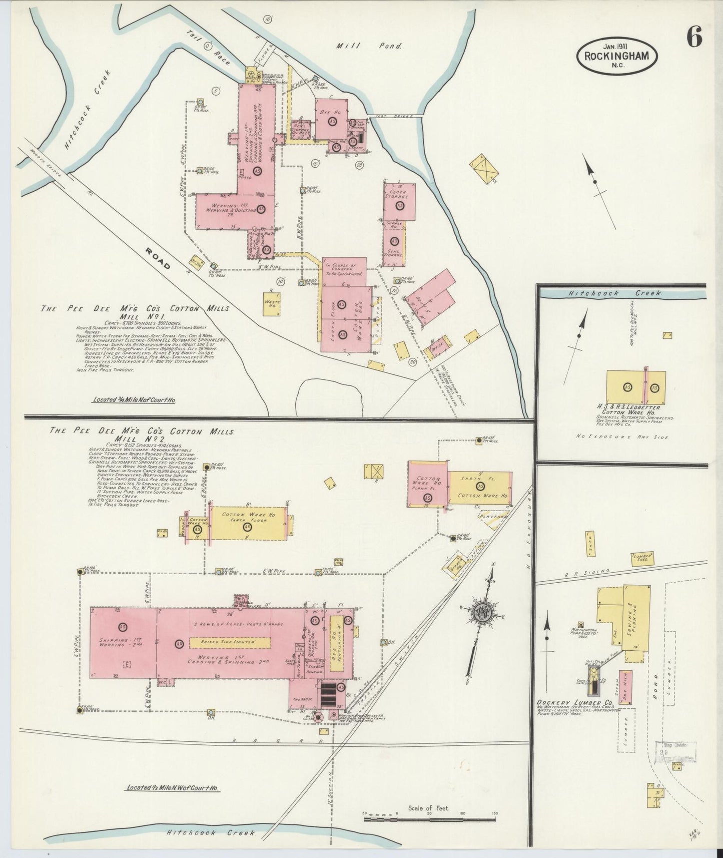 Sanborn Fire Insurance Map from Rockingham, Richmond County, North Carolina (1911), Sheet #0006 - Historic Sanborn Fire Insurance Map Print, vintage old map wall art, antique decor, genealogy gift, North Carolina North Carolina map