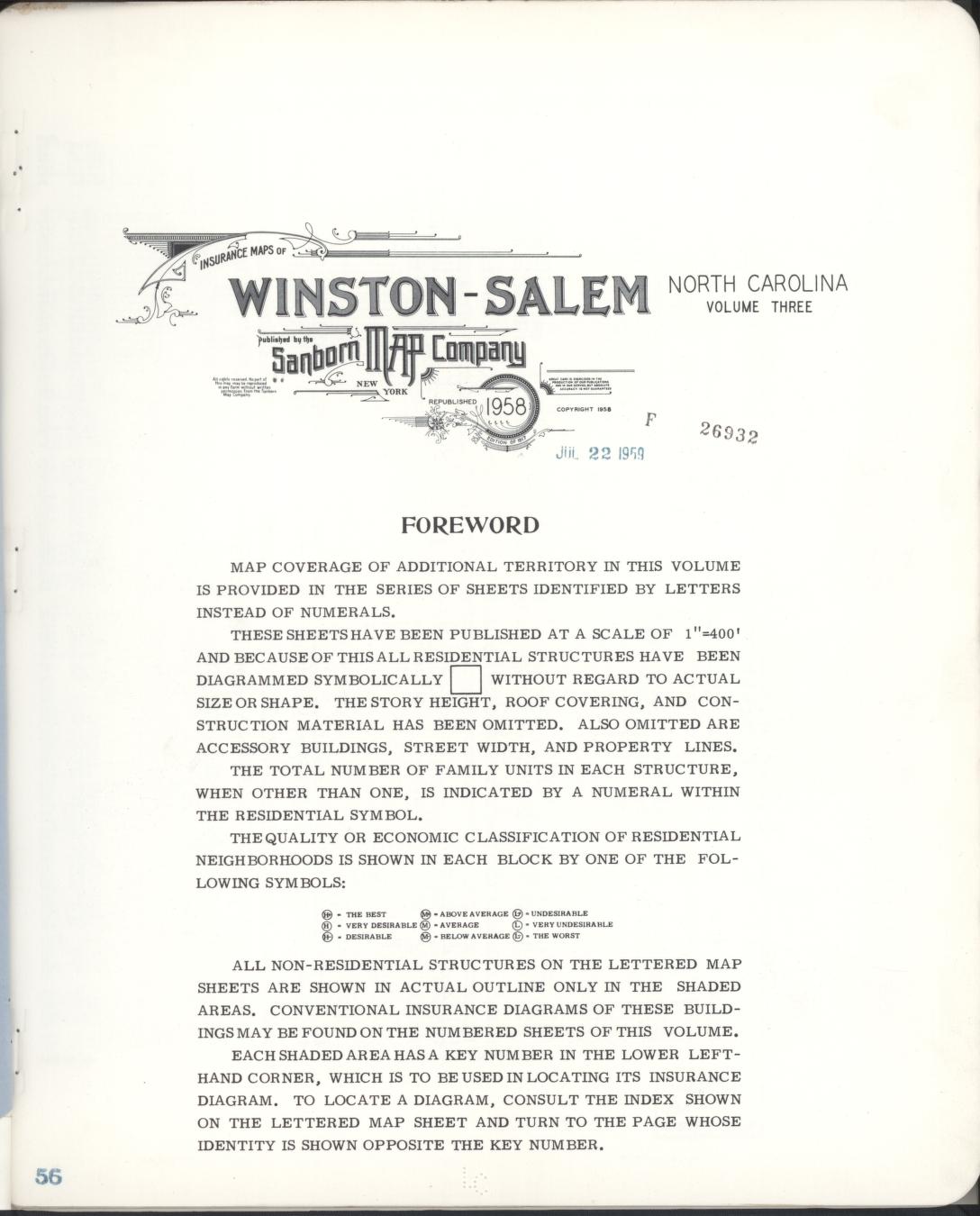 Sanborn Fire Insurance Map from Winston-salem, Forsyth County, North Carolina (1958), Sheet #0001 - Complete Map Set gallery image, historic Sanborn map, vintage wall art, North Carolina North Carolina