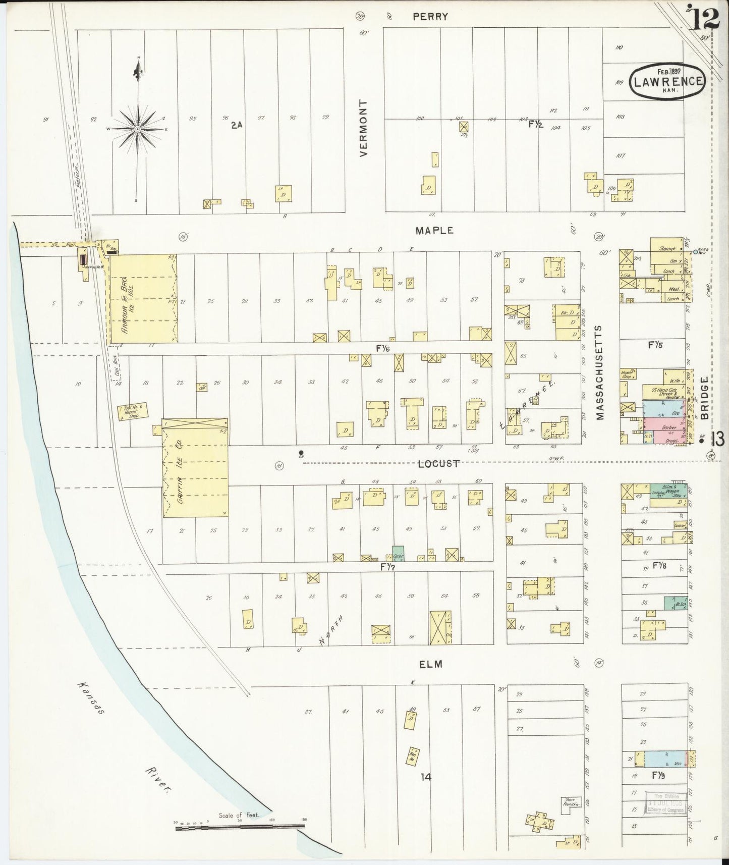 Sanborn Fire Insurance Map from Lawrence, Douglas County, Kansas (1897), Sheet #0012 - Historic Sanborn Fire Insurance Map Print, vintage old map wall art, antique decor, genealogy gift, Kansas Kansas map