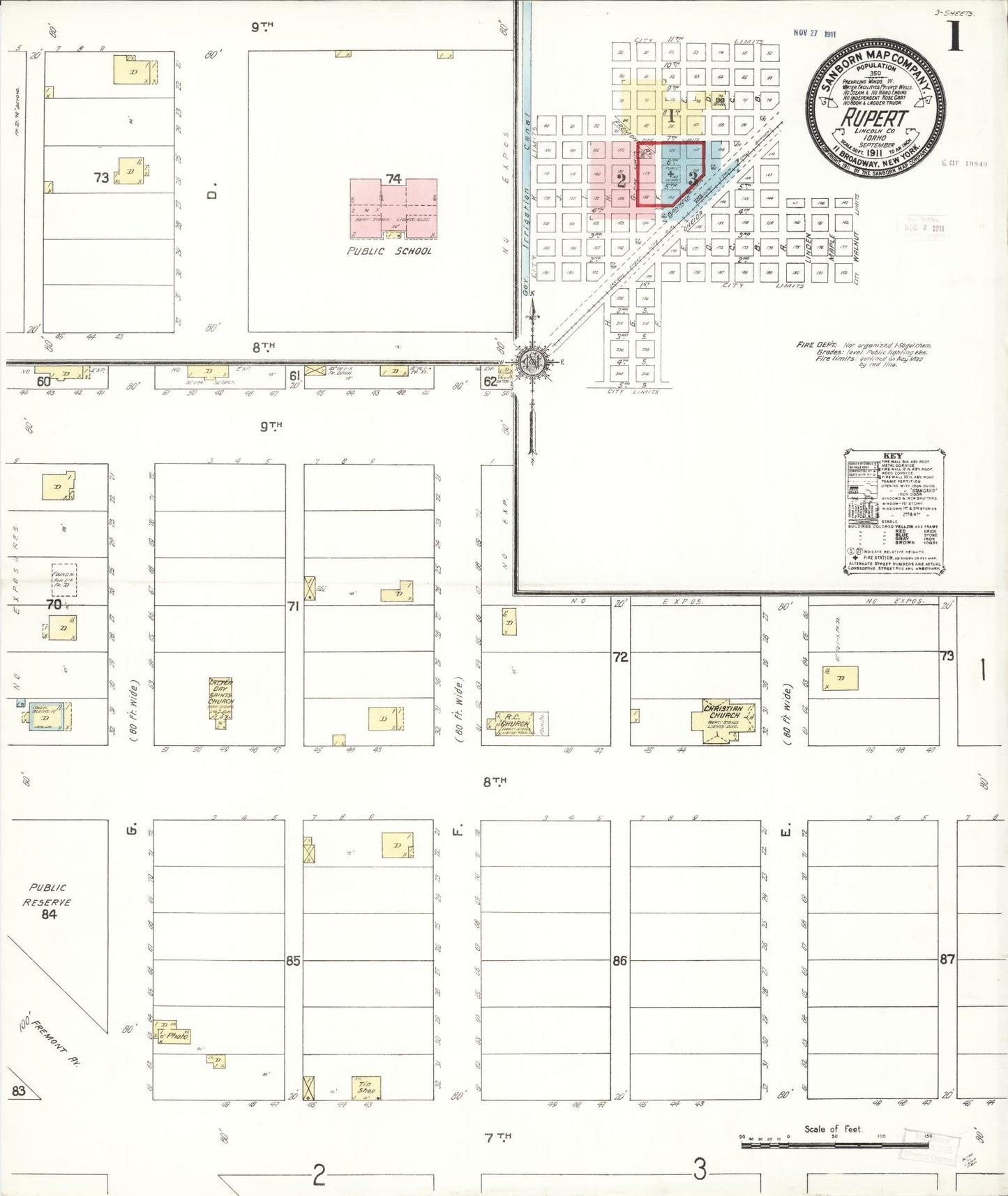 Sanborn Fire Insurance Map from Rupert, Minidoka County, Idaho (1911), Sheet #0001 - Historic Sanborn Fire Insurance Map Print, vintage old map wall art, antique decor, genealogy gift, Idaho Idaho map