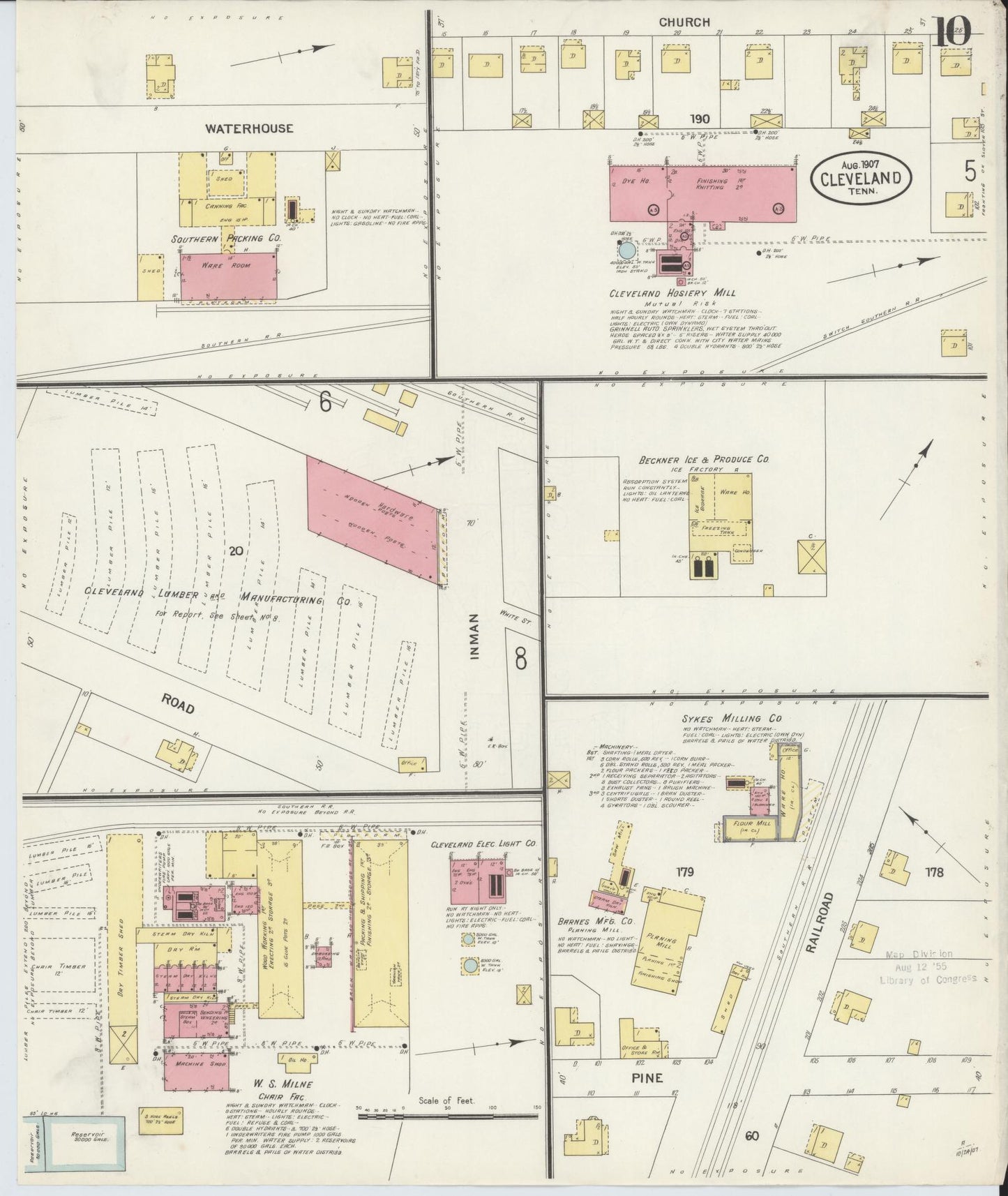 Sanborn Fire Insurance Map from Cleveland, Bradley County, Tennessee (1907), Sheet #0010 - Complete Map Set gallery image, historic Sanborn map, vintage wall art, Tennessee Tennessee