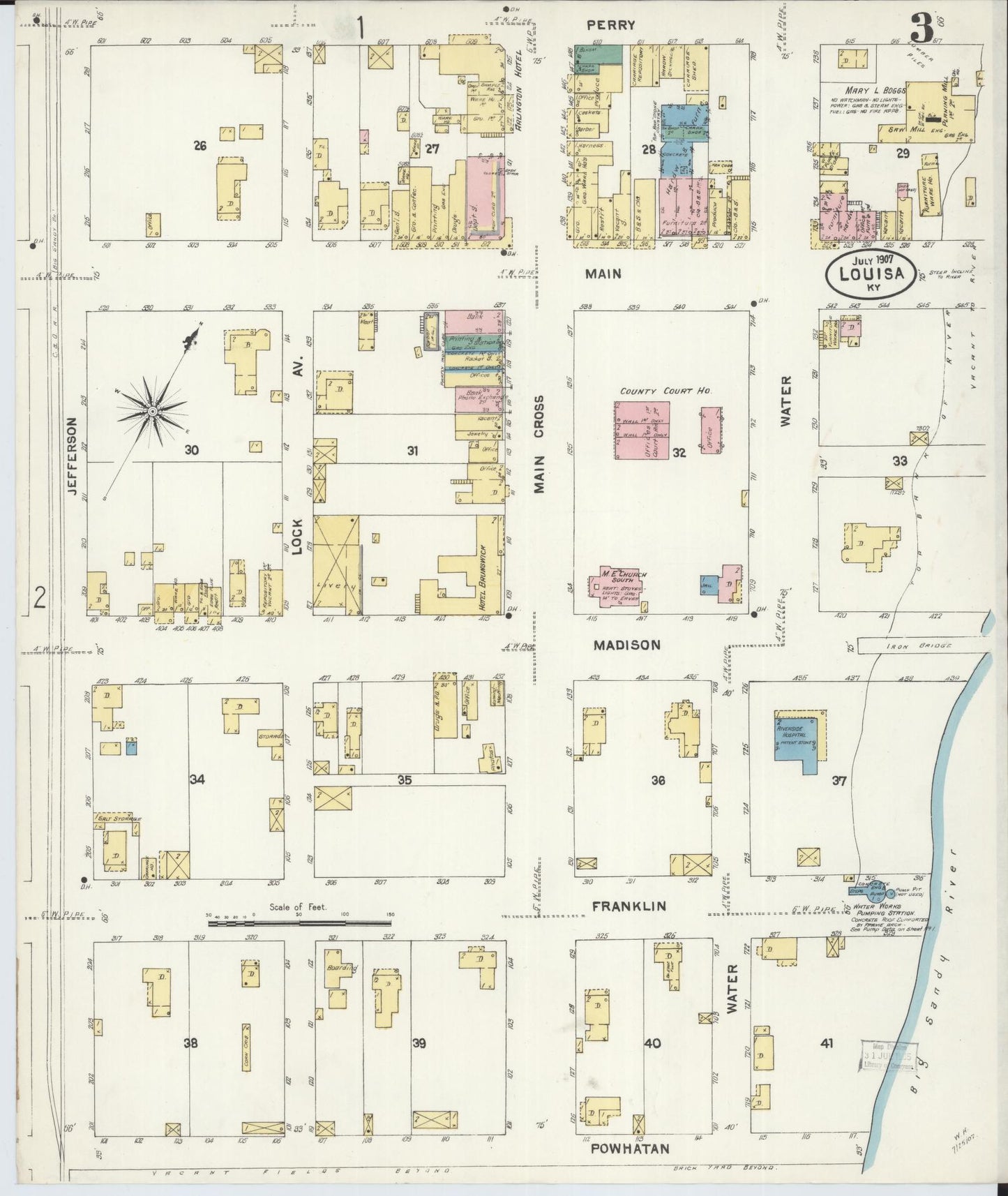 Sanborn Fire Insurance Map from Louisa, Lawrence County, Kentucky (1907), Sheet #0003 - Historic Sanborn Fire Insurance Map Print, vintage old map wall art, antique decor, genealogy gift, Kentucky Kentucky map