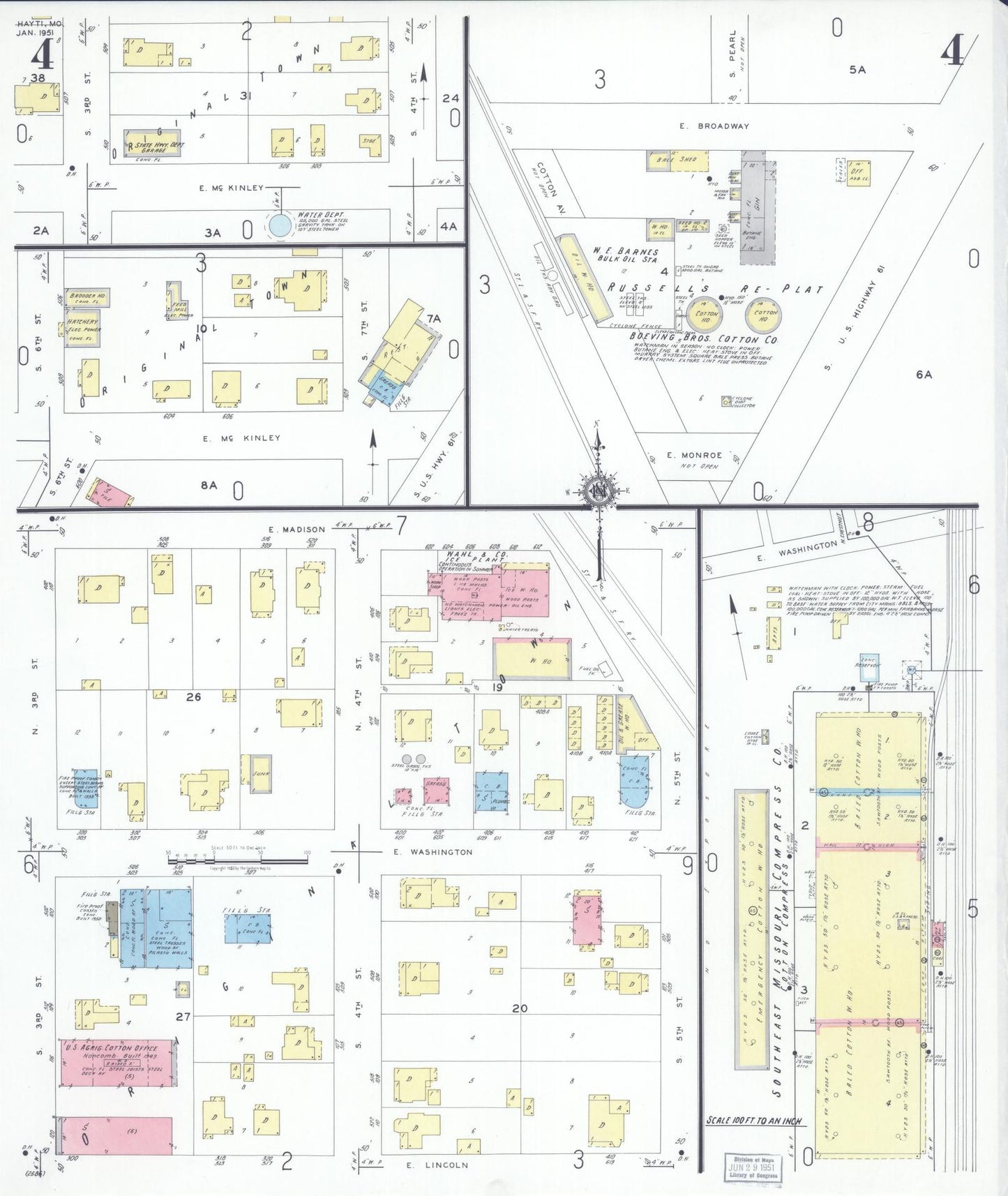Sanborn Fire Insurance Map from Hayti, Pemiscot County, Missouri (1951), Sheet #0004 - Historic Sanborn Fire Insurance Map Print, vintage old map wall art, antique decor, genealogy gift, Missouri Missouri map