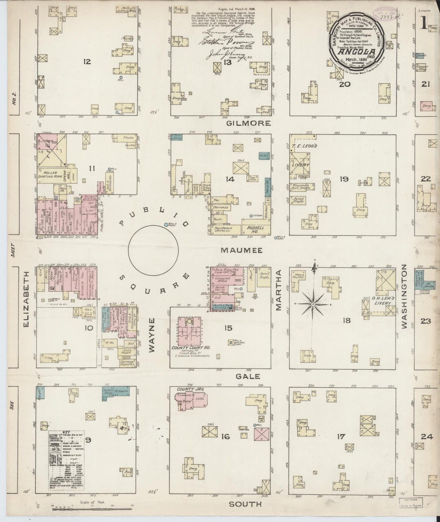 Sanborn Fire Insurance Map from Angola, Steuben County, Indiana (1886), Sheet #0001 - Historic Sanborn Fire Insurance Map Print, vintage old map wall art, antique decor, genealogy gift, Indiana Indiana map