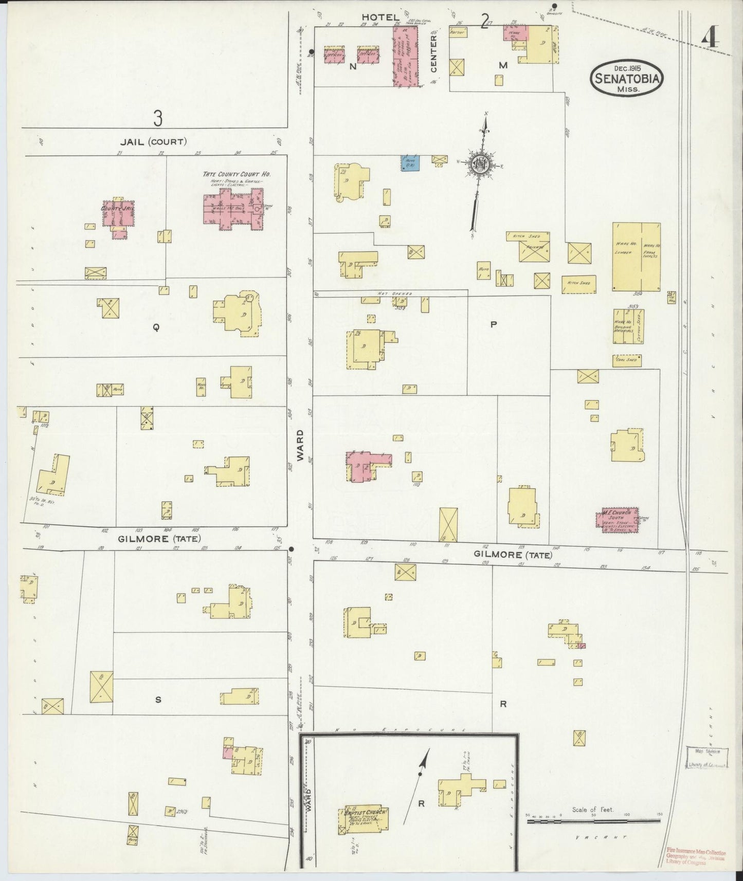 Sanborn Fire Insurance Map from Senatobia, Tate County, Mississippi (1915), Sheet #0004 - Historic Sanborn Fire Insurance Map Print, vintage old map wall art, antique decor, genealogy gift, Mississippi Mississippi map