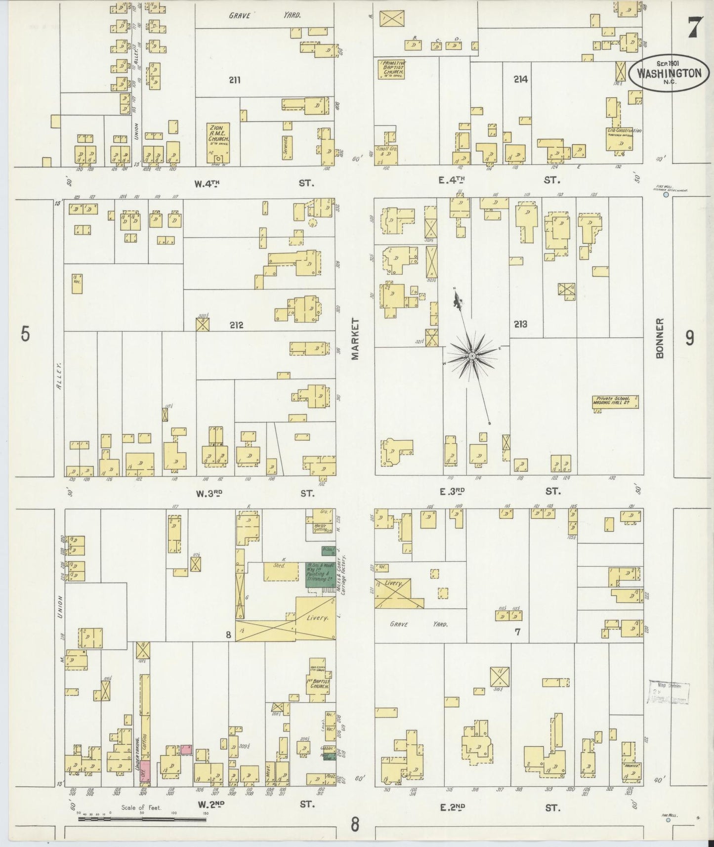 Sanborn Fire Insurance Map from Washington, Beaufort County, North Carolina (1901), Sheet #0007 - Historic Sanborn Fire Insurance Map Print, vintage old map wall art, antique decor, genealogy gift, Washington Washington map