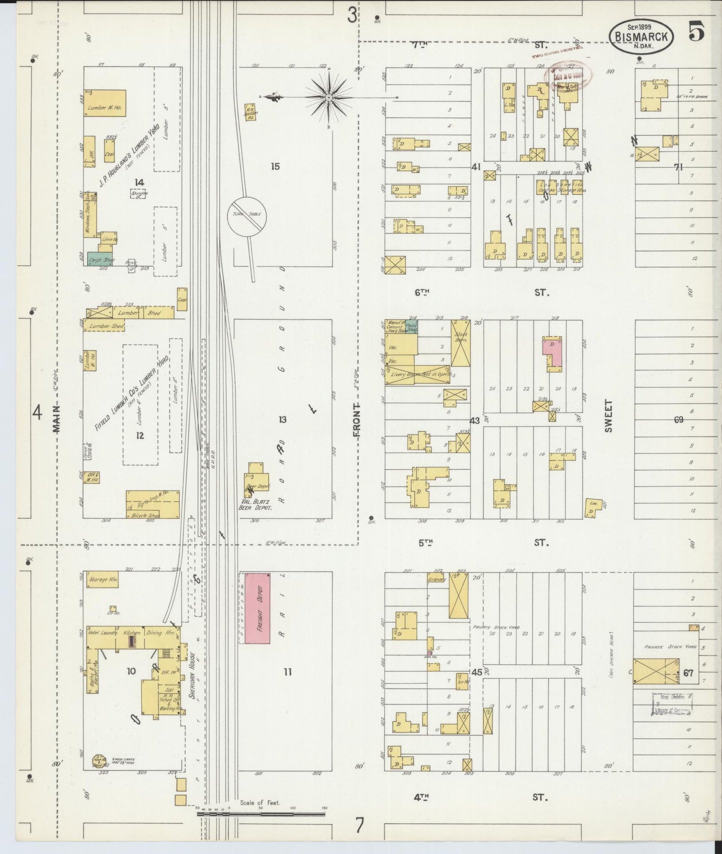 Sanborn Fire Insurance Map from Bismarck, Burleigh County, North Dakota (1899), Sheet #0005 - Historic Sanborn Fire Insurance Map Print, vintage old map wall art, antique decor, genealogy gift, North Dakota North Dakota map