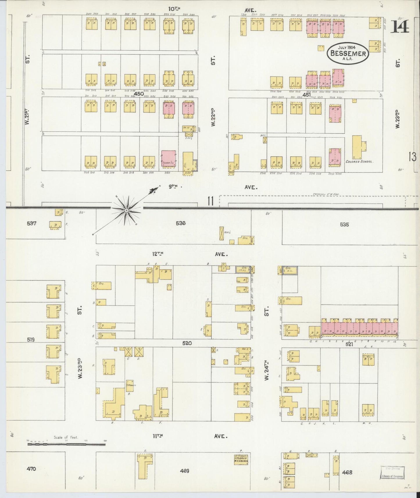 Sanborn Fire Insurance Map from Bessemer, Jefferson County, Alabama (1904), Sheet #0014 - Historic Sanborn Fire Insurance Map Print, vintage old map wall art, antique decor, genealogy gift, Alabama Alabama map