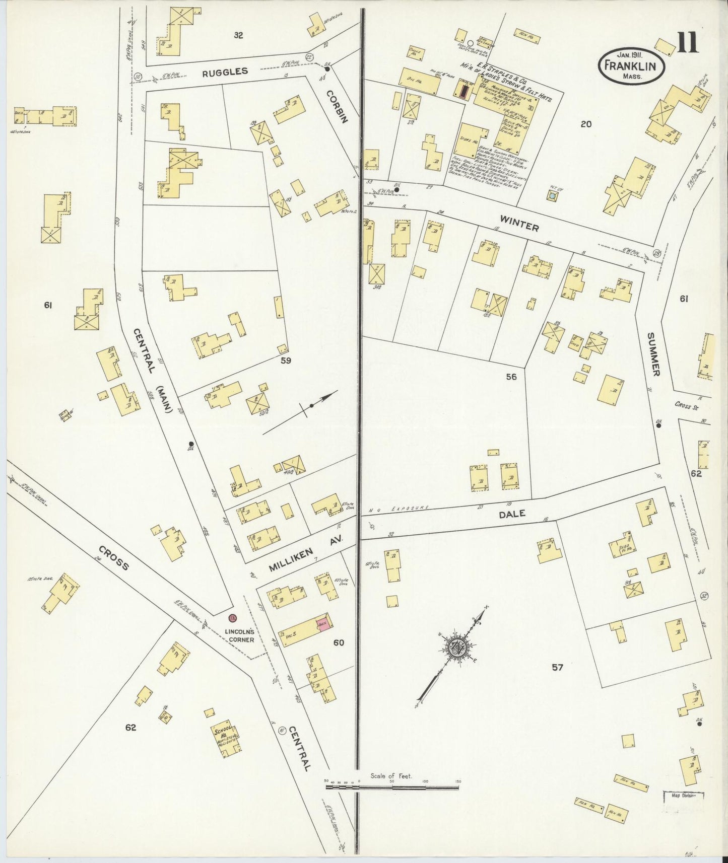 Sanborn Fire Insurance Map from Franklin, Norfolk County, Massachusetts (1911), Sheet #0011 - Historic Sanborn Fire Insurance Map Print, vintage old map wall art, antique decor, genealogy gift, Massachusetts Massachusetts map