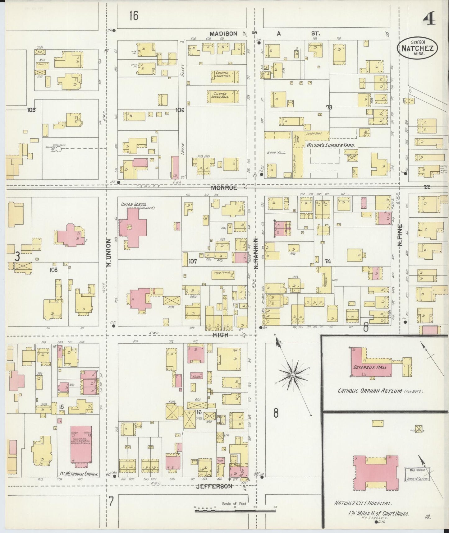 Sanborn Fire Insurance Map from Natchez, Adams County, Mississippi (1901), Sheet #0004 - Historic Sanborn Fire Insurance Map Print, vintage old map wall art, antique decor, genealogy gift, Mississippi Mississippi map