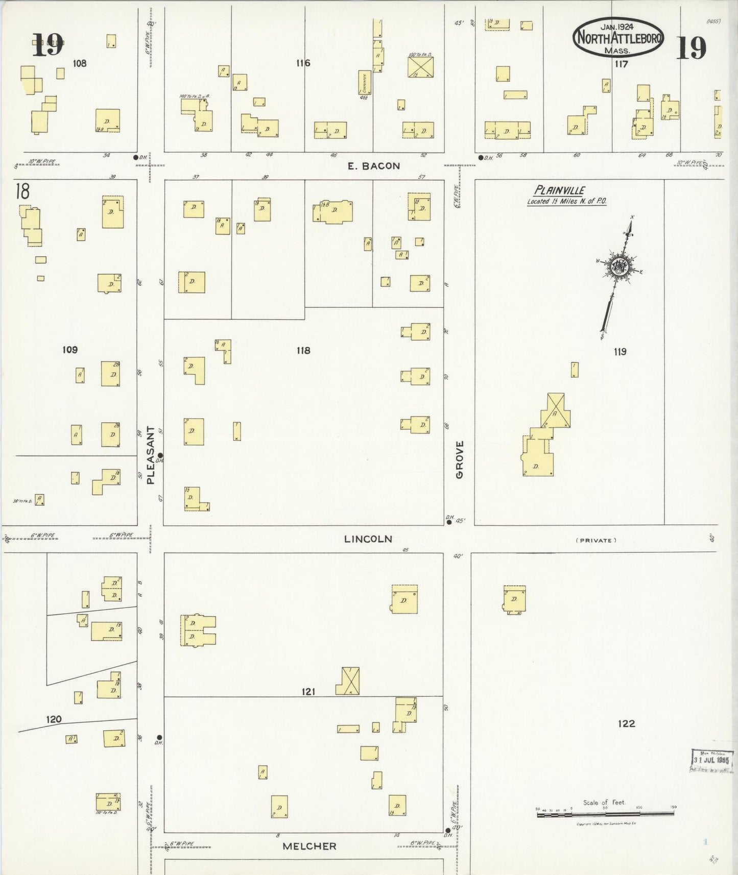 Sanborn Fire Insurance Map from North Attleborough, Bristol County, Massachusetts (1924), Sheet #0019 - Historic Sanborn Fire Insurance Map Print, vintage old map wall art, antique decor, genealogy gift, Massachusetts Massachusetts map