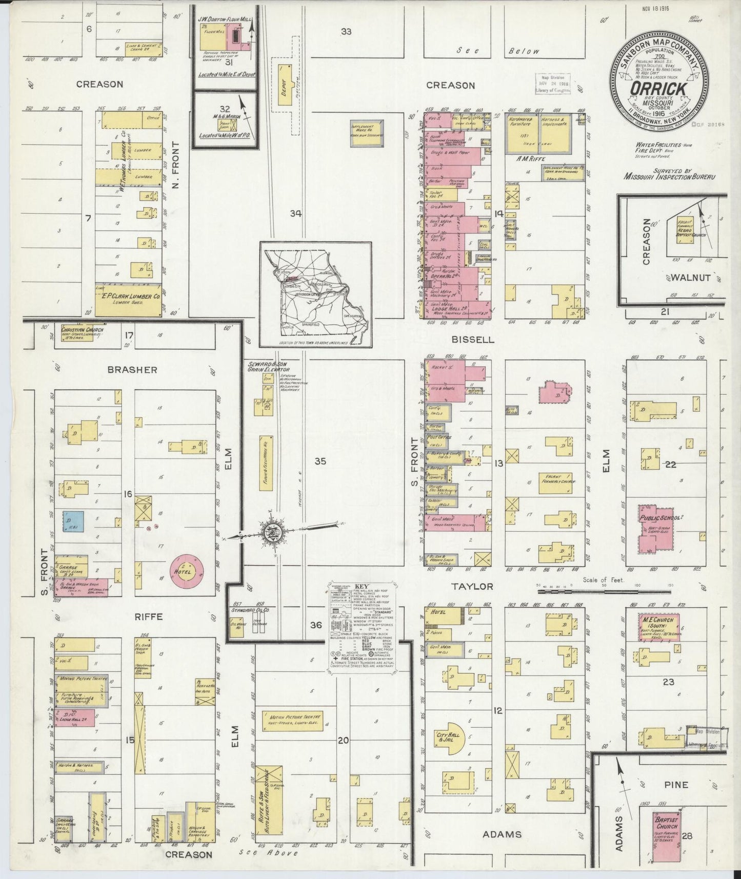 Sanborn Fire Insurance Map from Orrick, Ray County, Missouri (1916), Sheet #0001 - Historic Sanborn Fire Insurance Map Print, vintage old map wall art, antique decor, genealogy gift, Missouri Missouri map