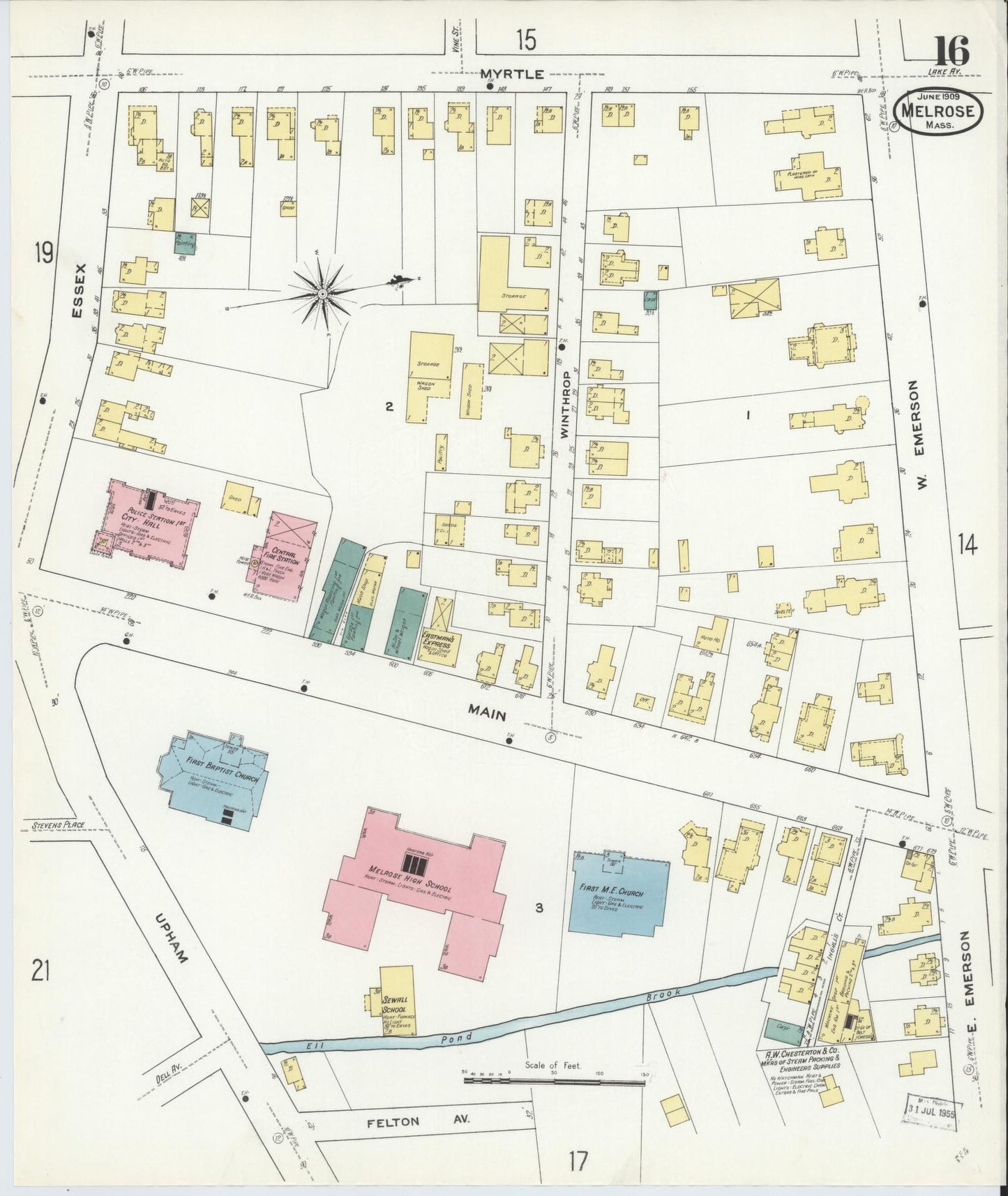 Sanborn Fire Insurance Map from Melrose, Middlesex County, Massachusetts (1909), Sheet #0016 - Historic Sanborn Fire Insurance Map Print, vintage old map wall art, antique decor, genealogy gift, Massachusetts Massachusetts map