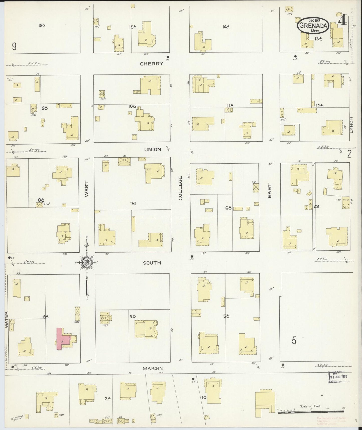 Sanborn Fire Insurance Map from Grenada, Grenada County, Mississippi (1913), Sheet #0004 - Historic Sanborn Fire Insurance Map Print, vintage old map wall art, antique decor, genealogy gift, Mississippi Mississippi map