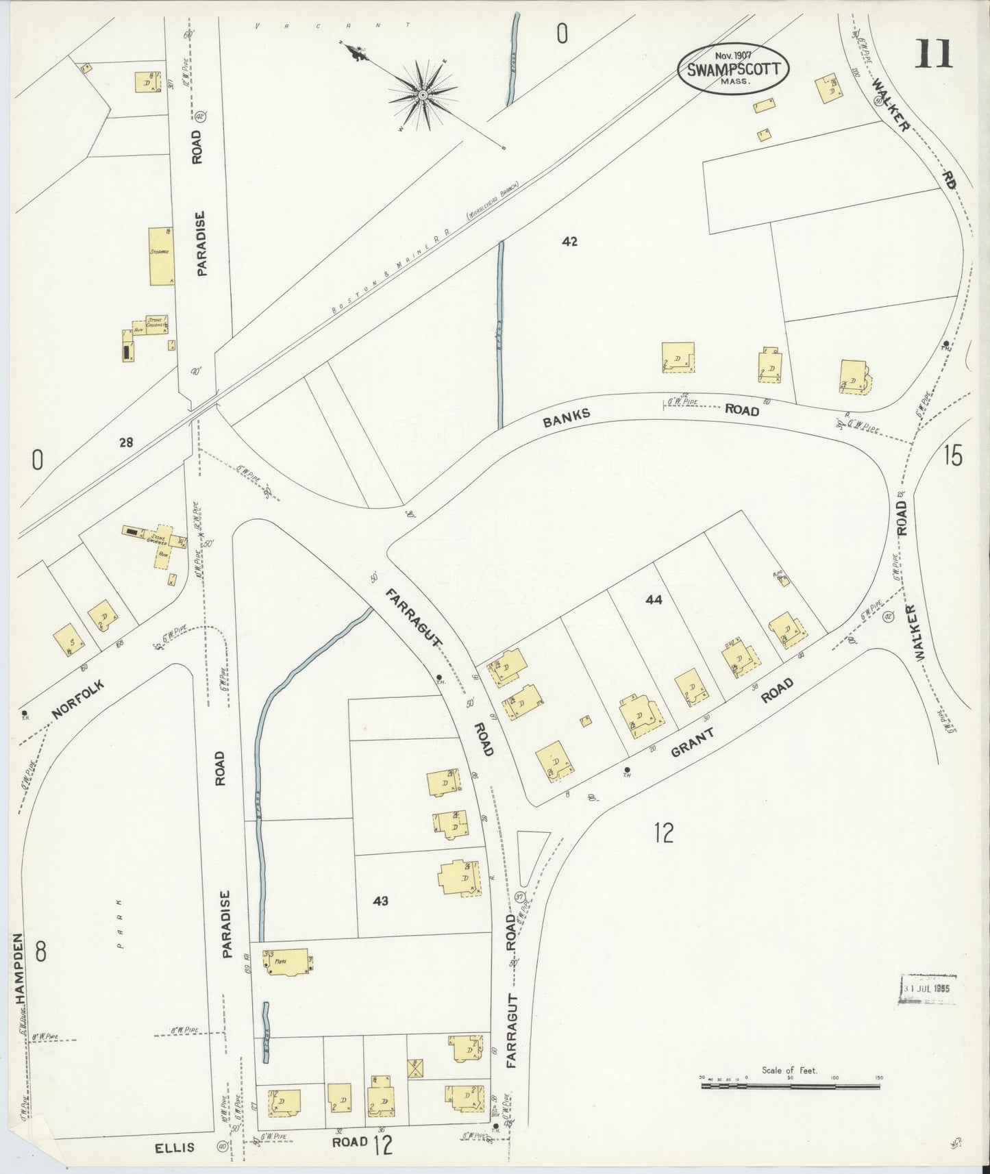 Sanborn Fire Insurance Map from Swampscott, Essex County, Massachusetts (1907), Sheet #0011 - Historic Sanborn Fire Insurance Map Print, vintage old map wall art, antique decor, genealogy gift, Massachusetts Massachusetts map