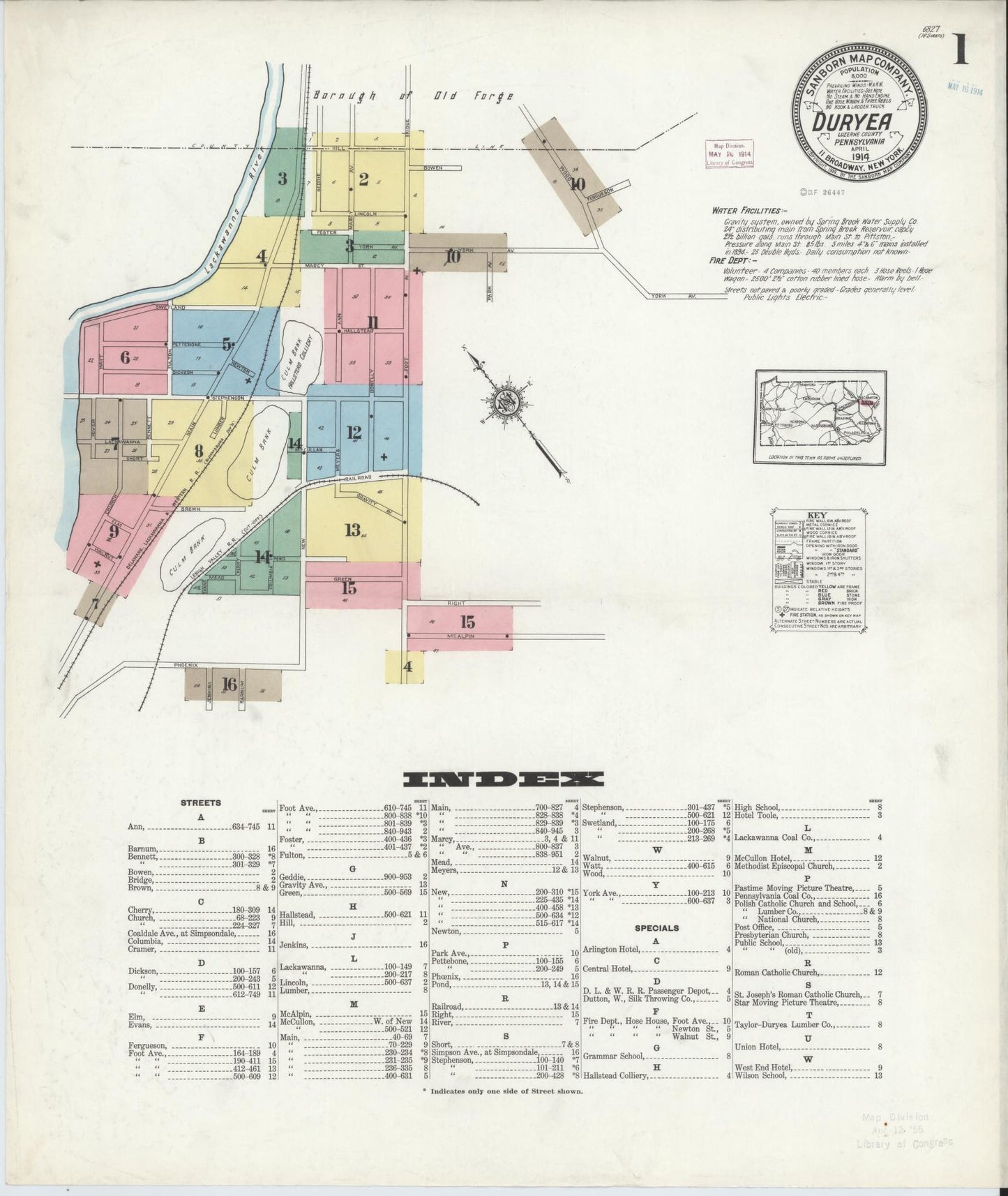Sanborn Fire Insurance Map from Duryea, Luzerne County, Pennsylvania (1914), Sheet #0001 - Historic Sanborn Fire Insurance Map Print, vintage old map wall art, antique decor, genealogy gift, Pennsylvania Pennsylvania map