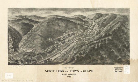 Aero view of North Fork and town of Clark, West Virginia 1911. (1911) – Historic Bird’s-Eye View Panorama Print