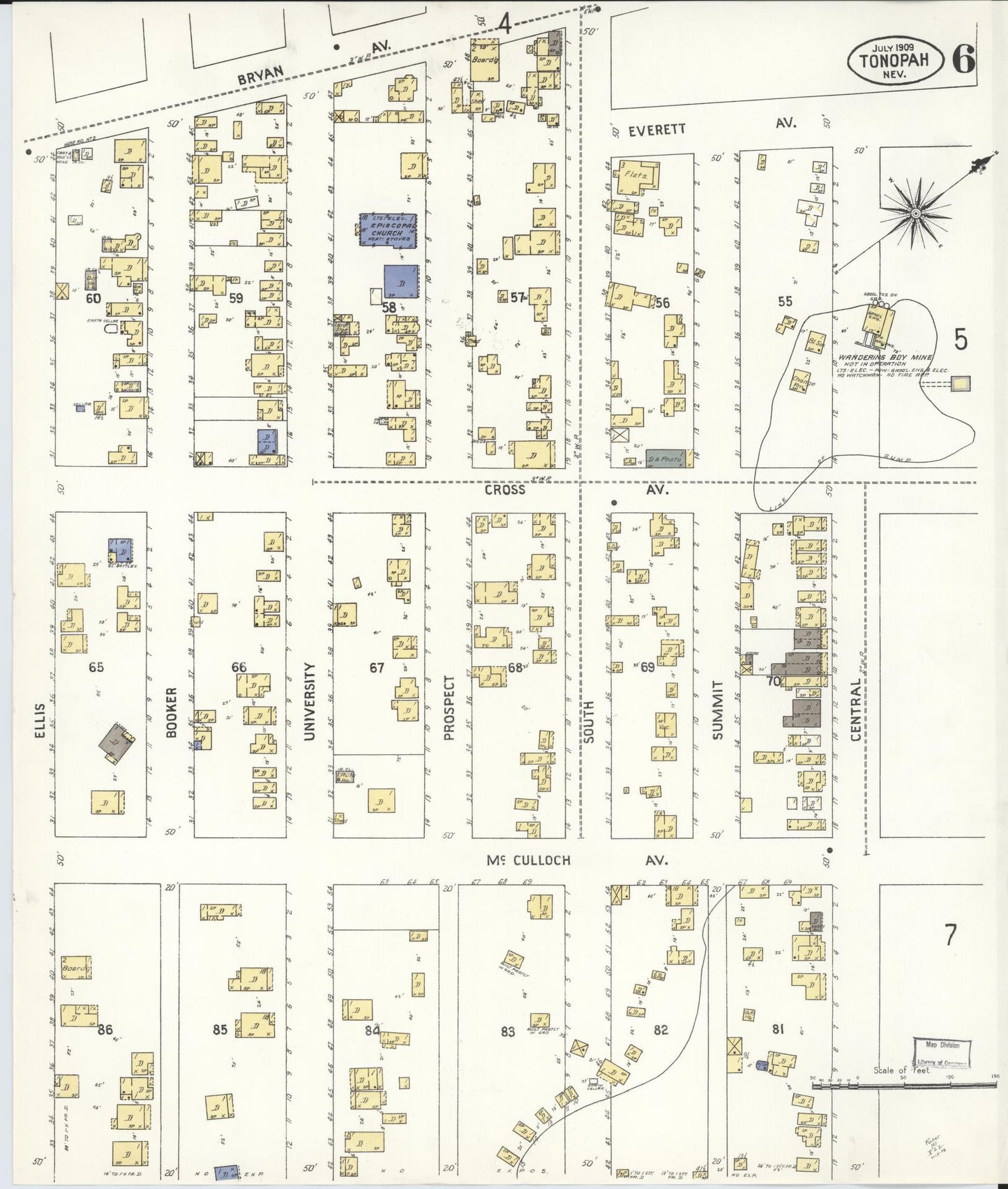 Sanborn Fire Insurance Map from Tonopah, Nye County, Nevada (1909), Sheet #0006 - Historic Sanborn Fire Insurance Map Print, vintage old map wall art, antique decor, genealogy gift, Nevada Nevada map