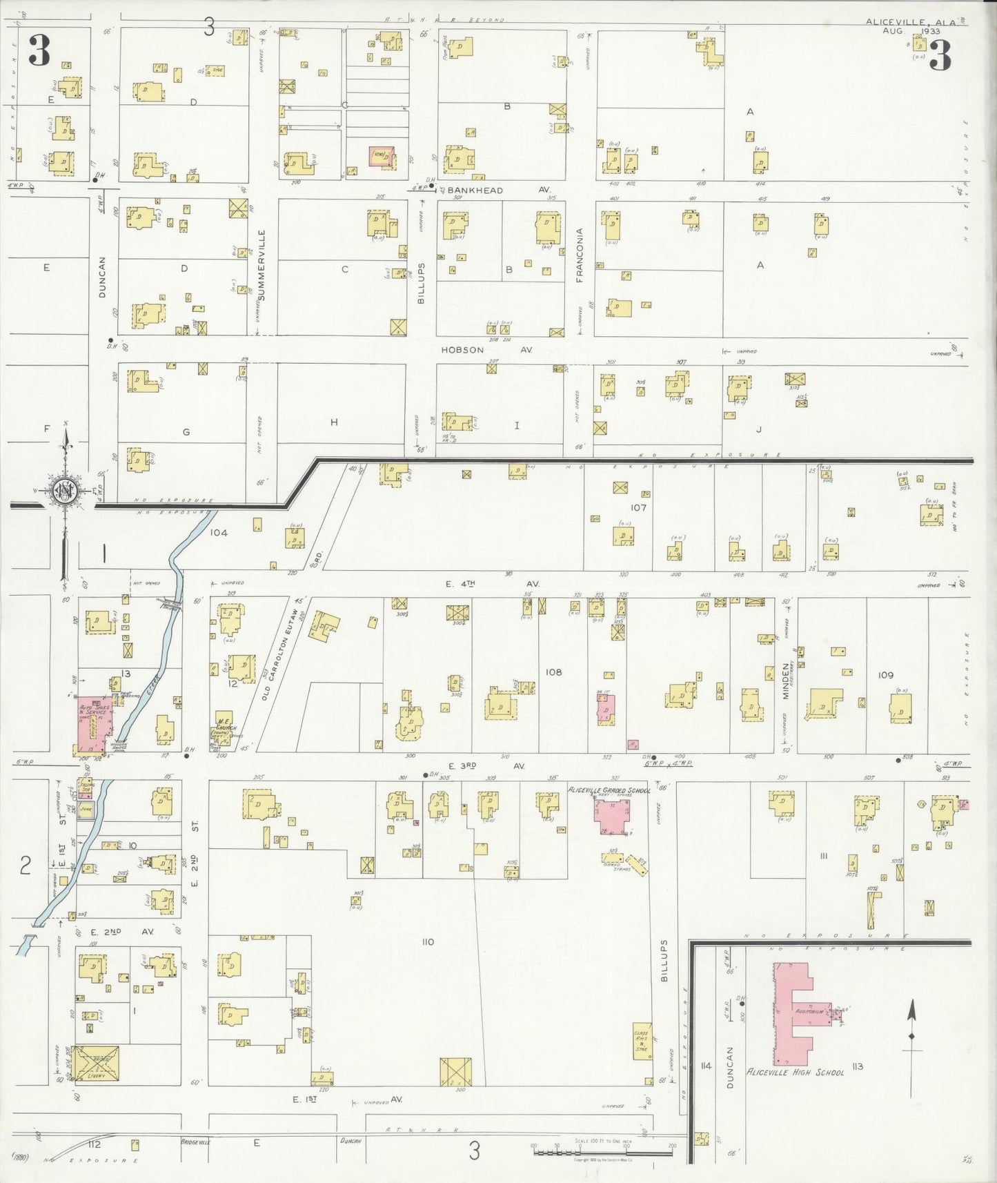 Sanborn Fire Insurance Map from Aliceville, Pickens County, Alabama (1933), Sheet #0003 - Historic Sanborn Fire Insurance Map Print, vintage old map wall art, antique decor, genealogy gift, Alabama Alabama map