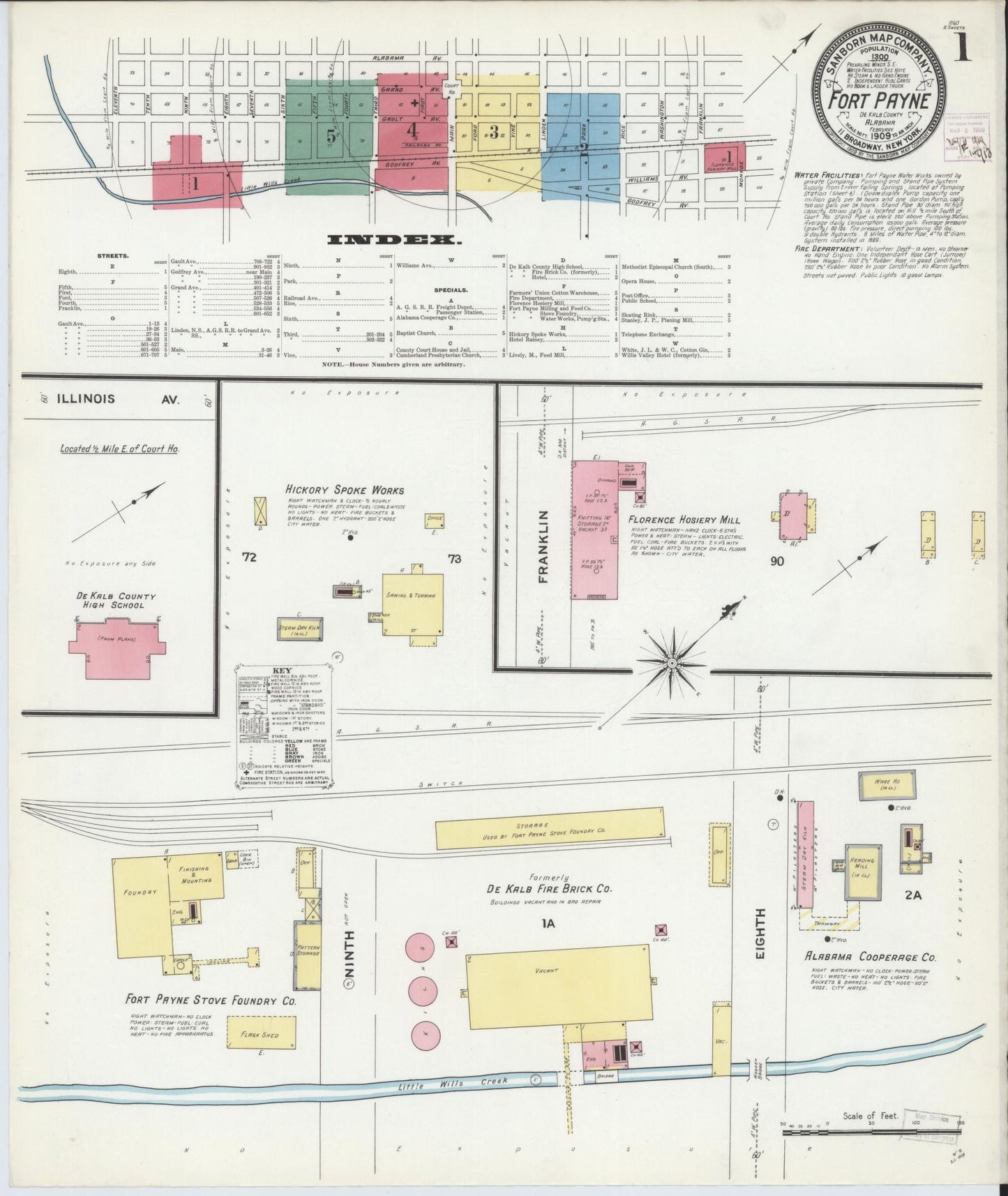 Sanborn Fire Insurance Map from Fort Payne, Dekalb County, Alabama (1909), Sheet #0001 - Historic Sanborn Fire Insurance Map Print, vintage old map wall art, antique decor, genealogy gift, Alabama Alabama map