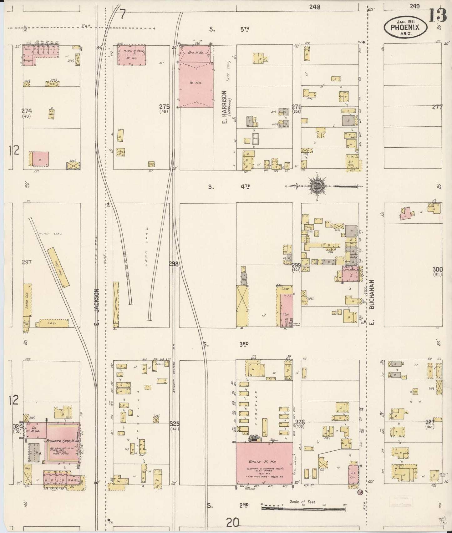 Sanborn Fire Insurance Map from Phoenix, Maricopa County, Arizona (1911), Sheet #0013 - Historic Sanborn Fire Insurance Map Print, vintage old map wall art, antique decor, genealogy gift, Arizona Arizona map