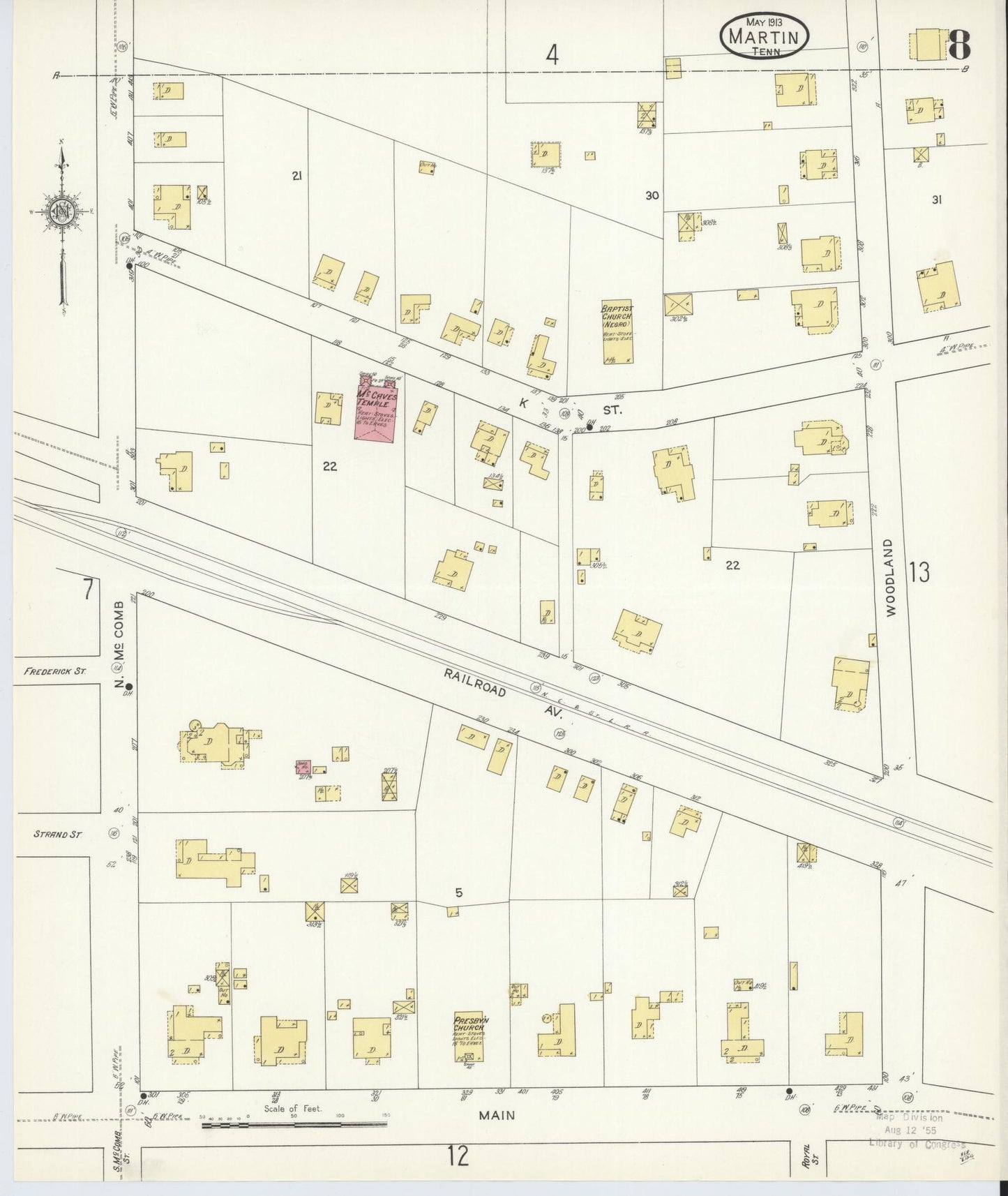 Sanborn Fire Insurance Map from Martin, Weakley County, Tennessee (1913), Sheet #0008 - Historic Sanborn Fire Insurance Map Print, vintage old map wall art, antique decor, genealogy gift, Tennessee Tennessee map