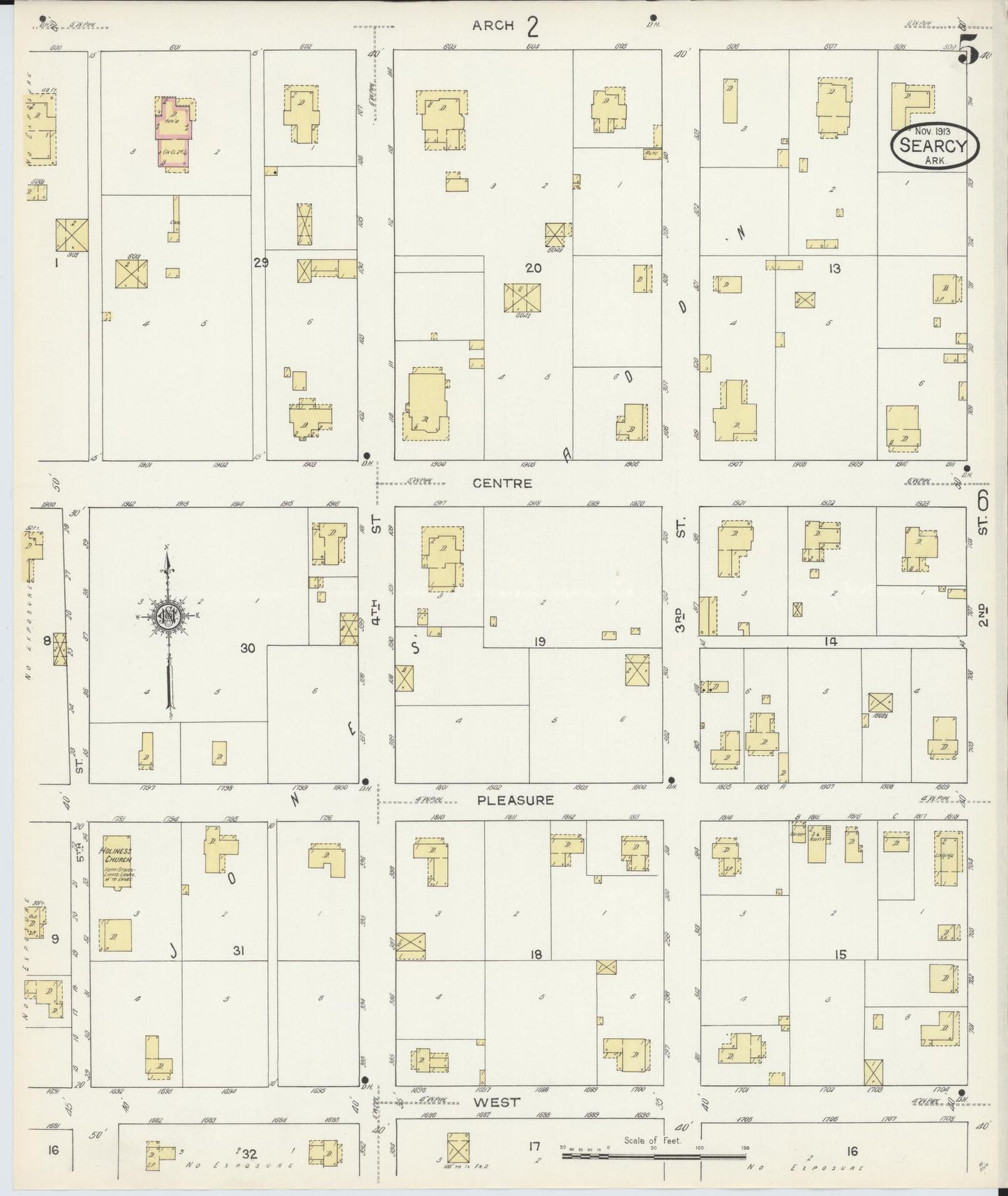 Sanborn Fire Insurance Map from Searcy, White County, Arkansas (1913), Sheet #0005 - Historic Sanborn Fire Insurance Map Print, vintage old map wall art, antique decor, genealogy gift, Arkansas Arkansas map