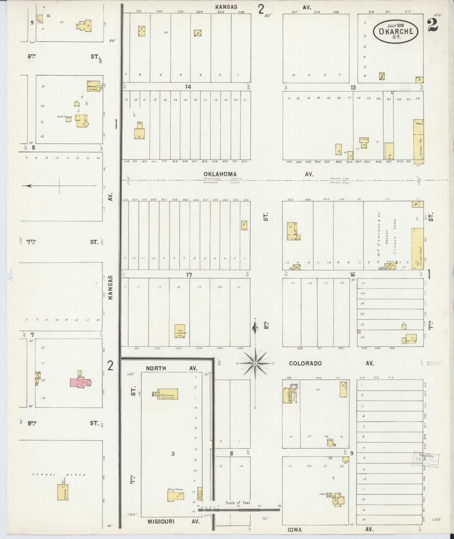 Sanborn Fire Insurance Map from Okarche, Kingfisher and Canadian Counties, Oklahoma (1898), Sheet #0002 - Historic Sanborn Fire Insurance Map Print, vintage old map wall art, antique decor, genealogy gift, Oklahoma Oklahoma map