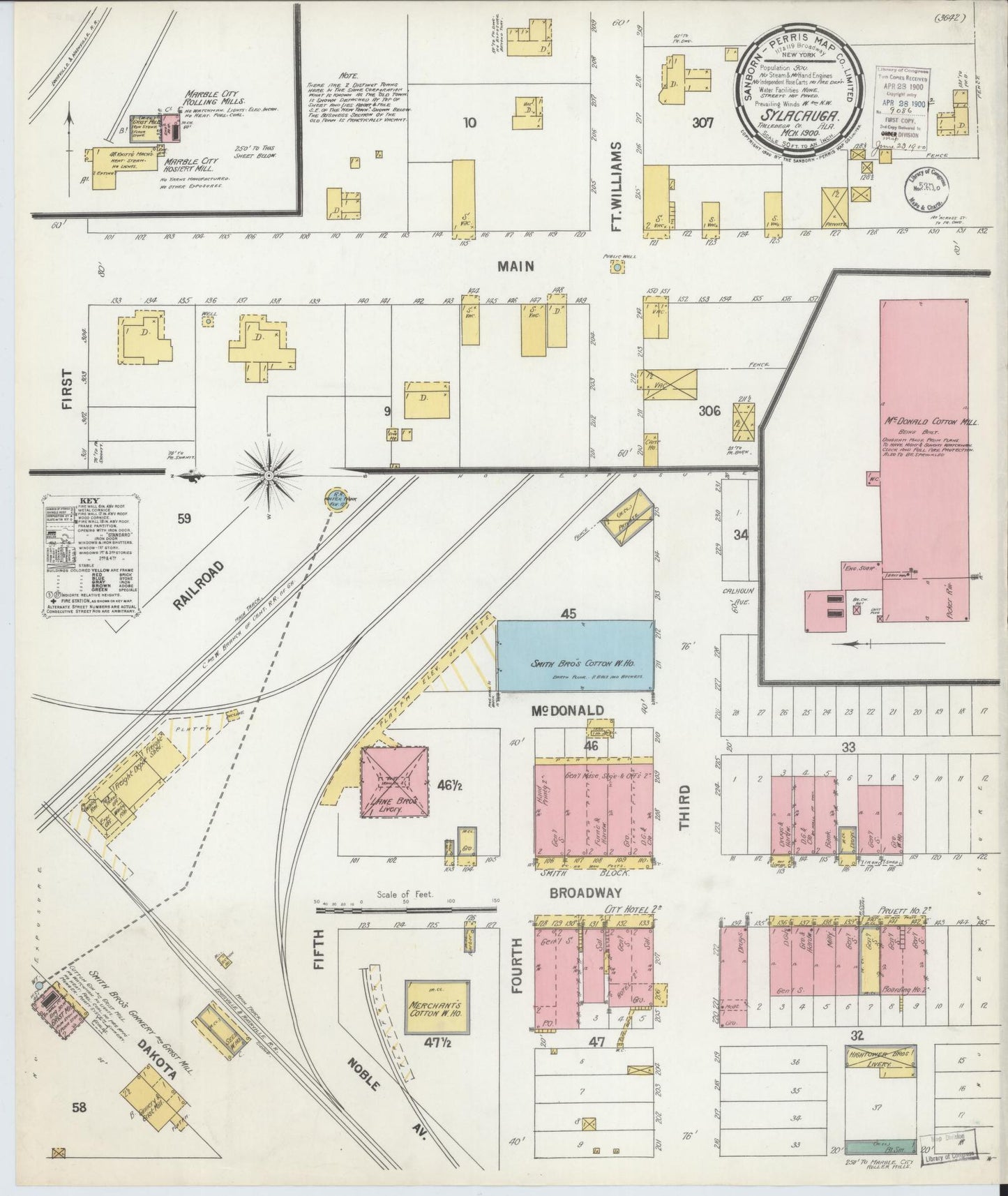 Sanborn Fire Insurance Map from Sylacauga, Talladega County, Alabama (1900), Sheet #0001 - Historic Sanborn Fire Insurance Map Print, vintage old map wall art, antique decor, genealogy gift, Alabama Alabama map