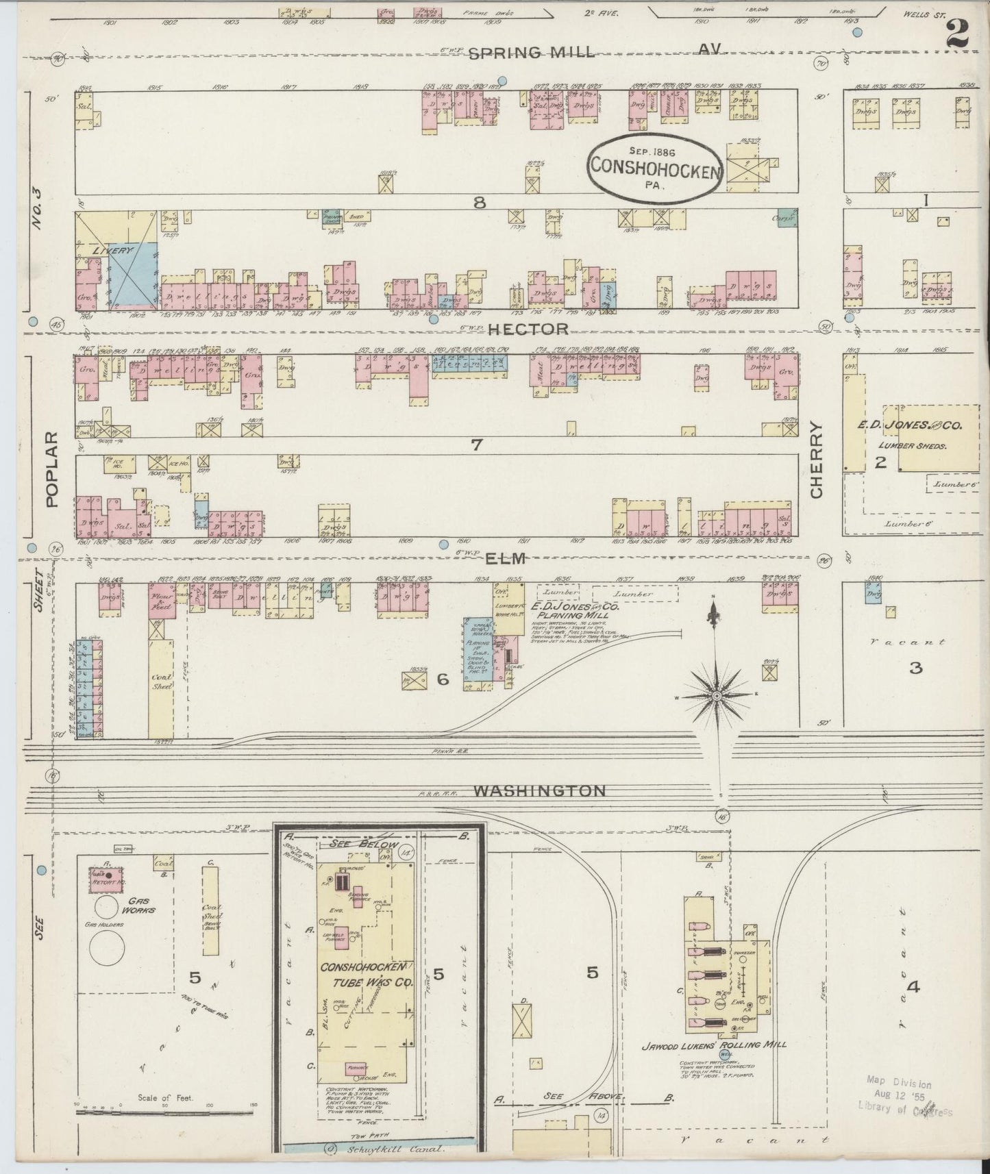 Sanborn Fire Insurance Map from Conshohocken, Montgomery County, Pennsylvania (1886), Sheet #0002 - Historic Sanborn Fire Insurance Map Print, vintage old map wall art, antique decor, genealogy gift, Pennsylvania Pennsylvania map