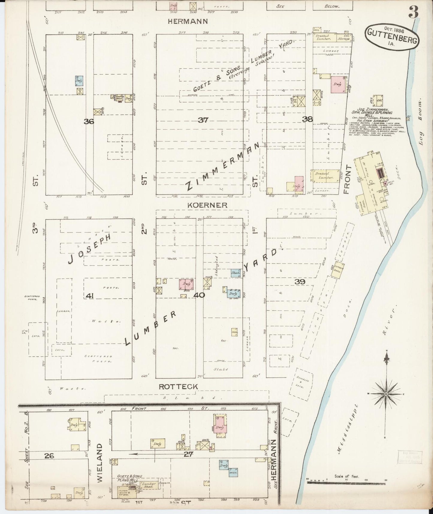 Sanborn Fire Insurance Map from Guttenberg, Clayton County, Iowa (1886), Sheet #0003 - Historic Sanborn Fire Insurance Map Print, vintage old map wall art