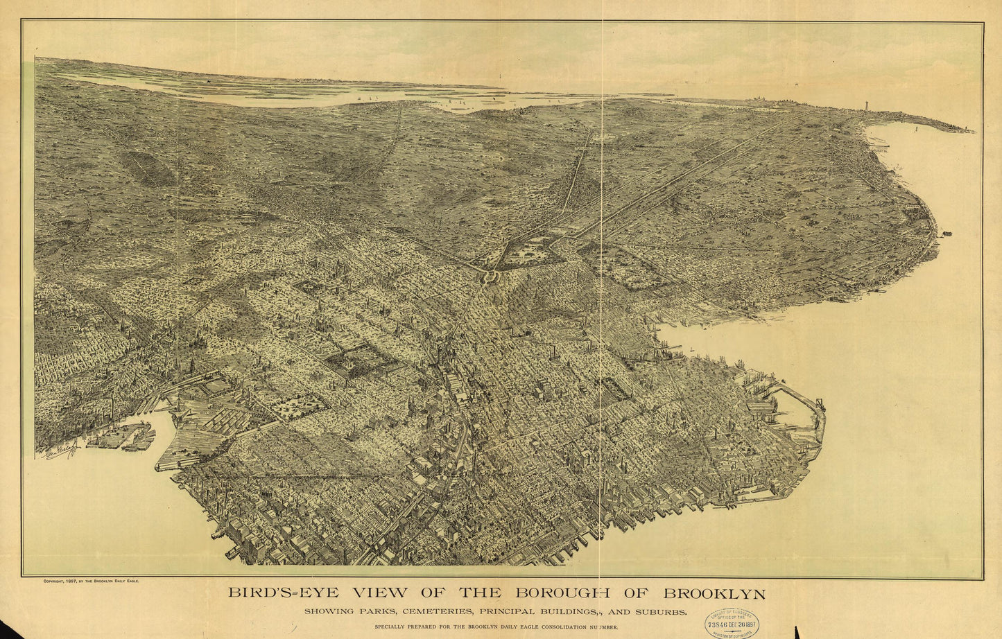 Bird's-eye view of the borough of Brooklyn : showing parks, cemeteries, principal buildings, and suburbs (1897) – Historic Bird’s-Eye View Panorama Print