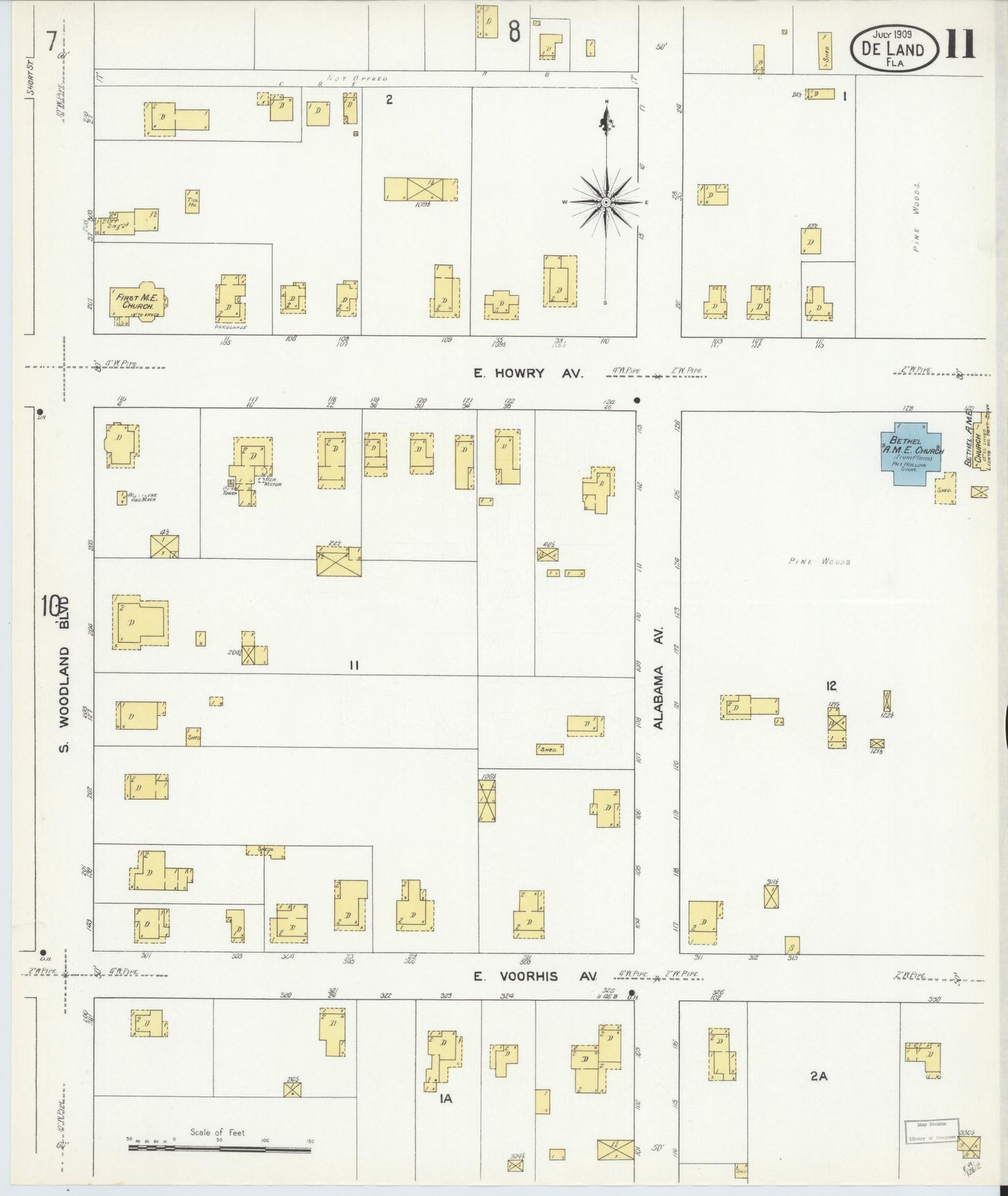 Sanborn Fire Insurance Map from De Land, Volusia County, Florida (1909), Sheet #0011 - Historic Sanborn Fire Insurance Map Print, vintage old map wall art, antique decor, genealogy gift, Florida Florida map
