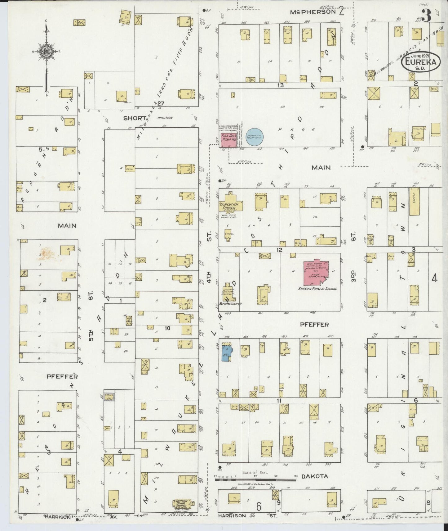 Sanborn Fire Insurance Map from Eureka, McPherson County, South Dakota (1921), Sheet #0003 - Historic Sanborn Fire Insurance Map Print, vintage old map wall art, antique decor, genealogy gift, South Dakota South Dakota map