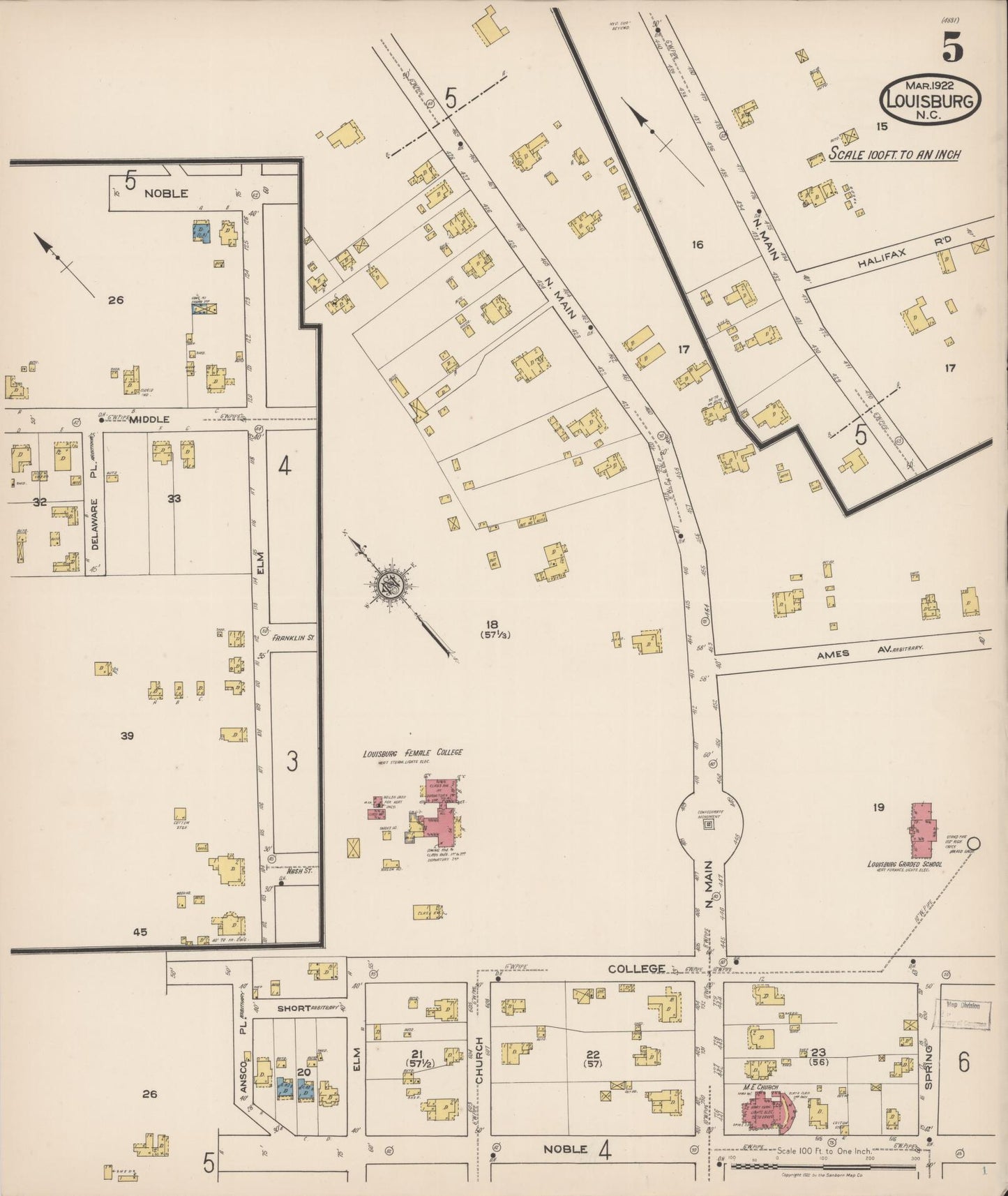 Sanborn Fire Insurance Map from Louisburg, Franklin County, North Carolina (1922), Sheet #0005 - Historic Sanborn Fire Insurance Map Print, vintage old map wall art, antique decor, genealogy gift, North Carolina North Carolina map
