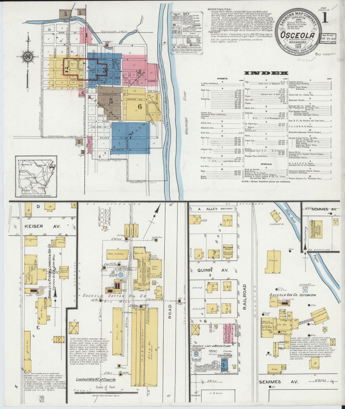 Sanborn Fire Insurance Map from Osceola, Mississippi County, Arkansas (1919), Sheet #0001 - Historic Sanborn Fire Insurance Map Print, vintage old map wall art, antique decor, genealogy gift, Osceola Mississippi map