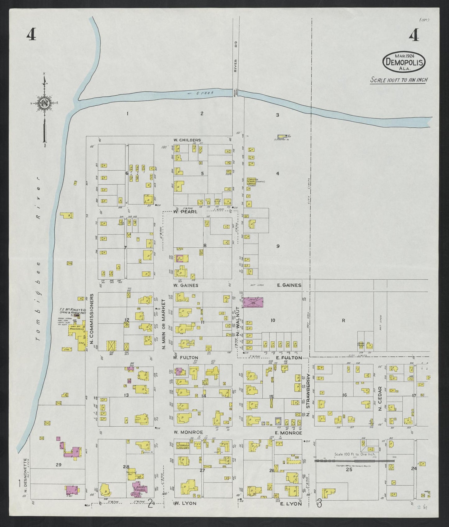 Sanborn Fire Insurance Map from Demopolis, Marengo County, Alabama (1924), Sheet #0004 - Historic Sanborn Fire Insurance Map Print, vintage old map wall art, antique decor, genealogy gift, Alabama Alabama map