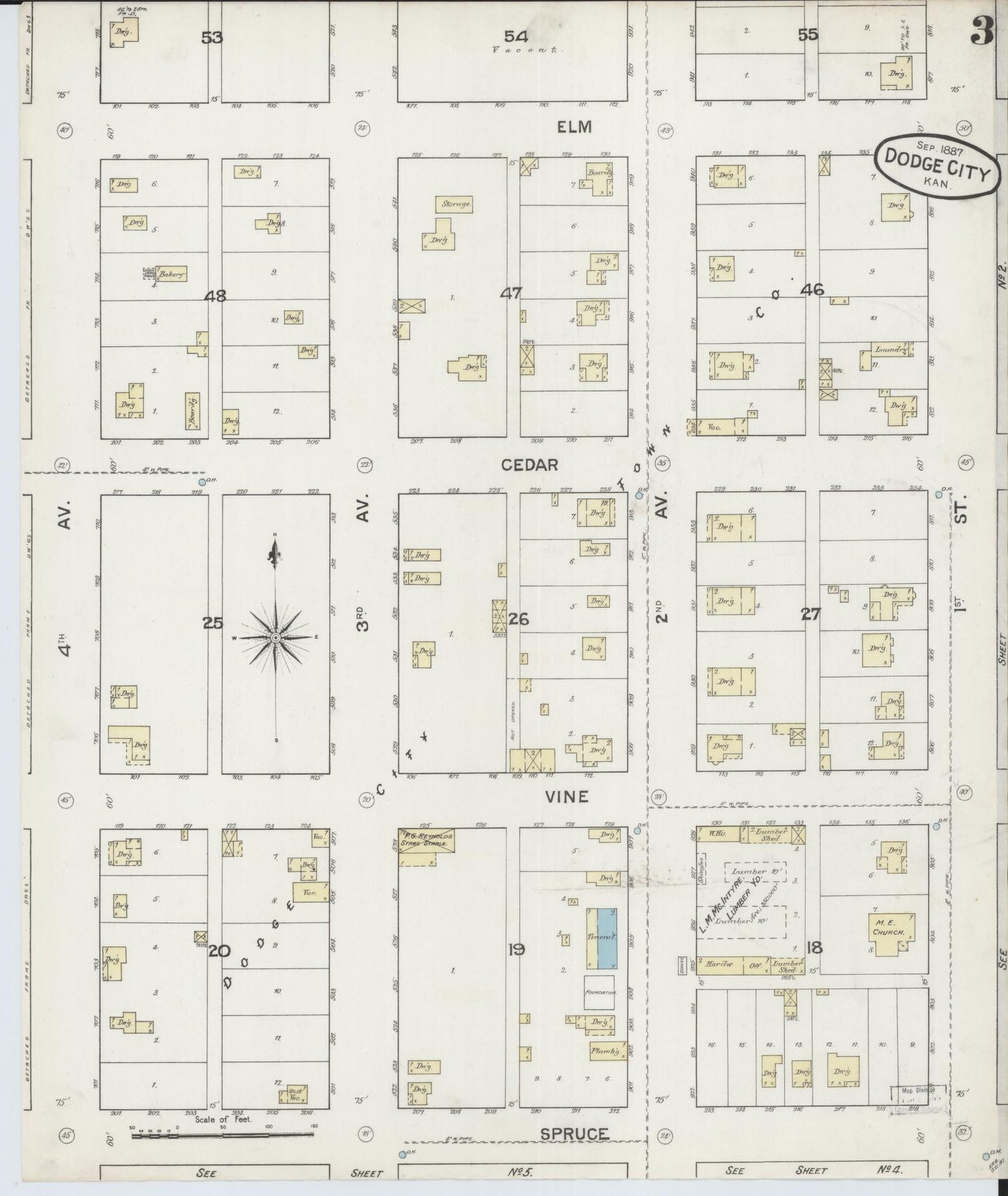 Sanborn Fire Insurance Map from Dodge City, Ford County, Kansas (1887), Sheet #0003 - Historic Sanborn Fire Insurance Map Print, vintage old map wall art, antique decor, genealogy gift, Kansas Kansas map