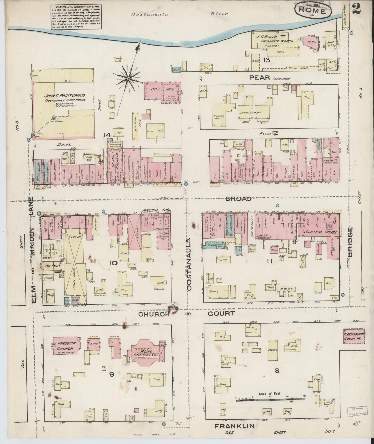 Sanborn Fire Insurance Map from Rome, Floyd County, Georgia (1885), Sheet #0002 - Historic Sanborn Fire Insurance Map Print, vintage old map wall art, antique decor, genealogy gift, Georgia Georgia map