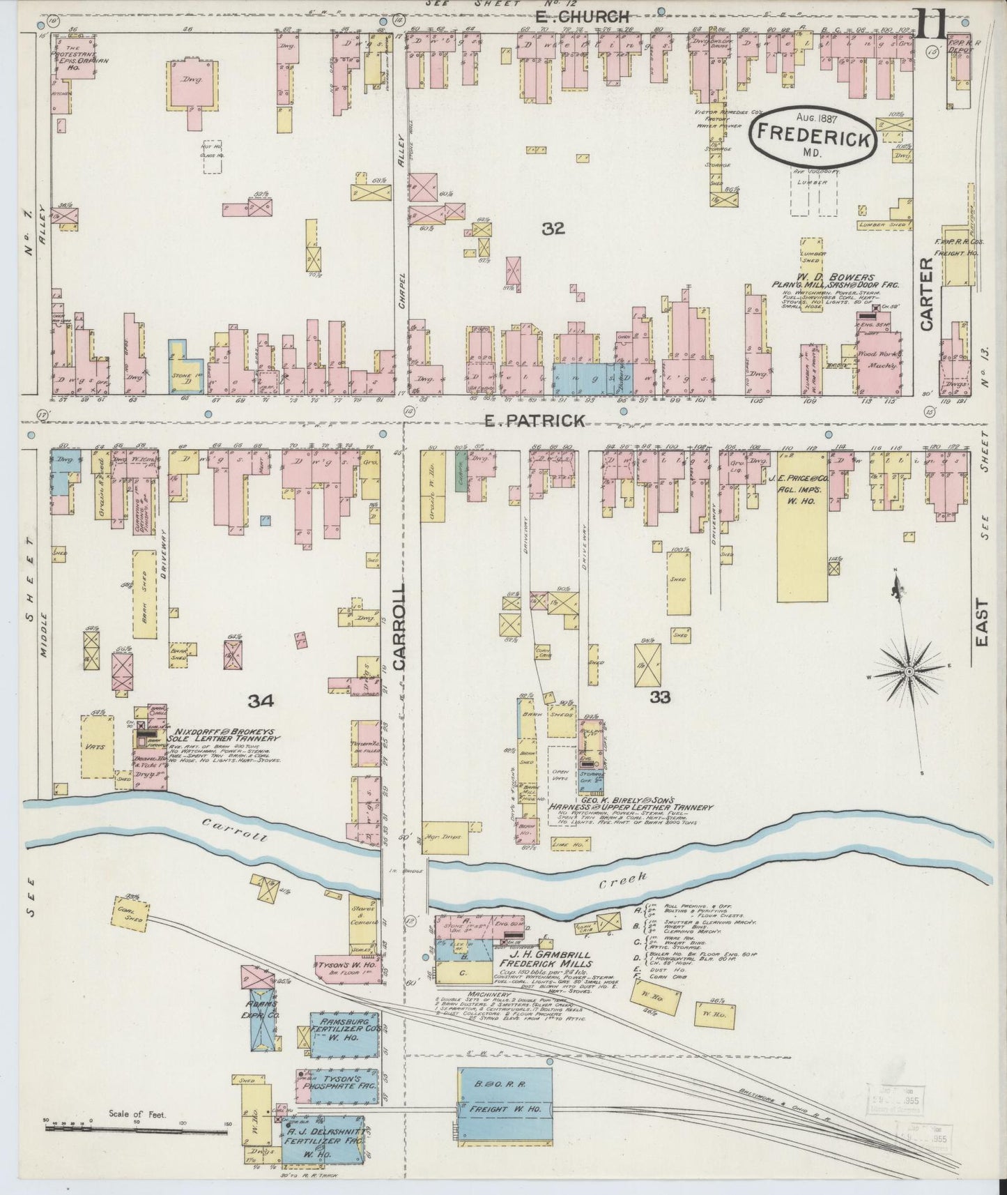 Frederick, Maryland - 1887 - Sanborn Fire Insurance Map, Sheet #0011 - Historic Sanborn Fire Insurance Map Print, Frederick Maryland 1887 0011 vintage old map wall art