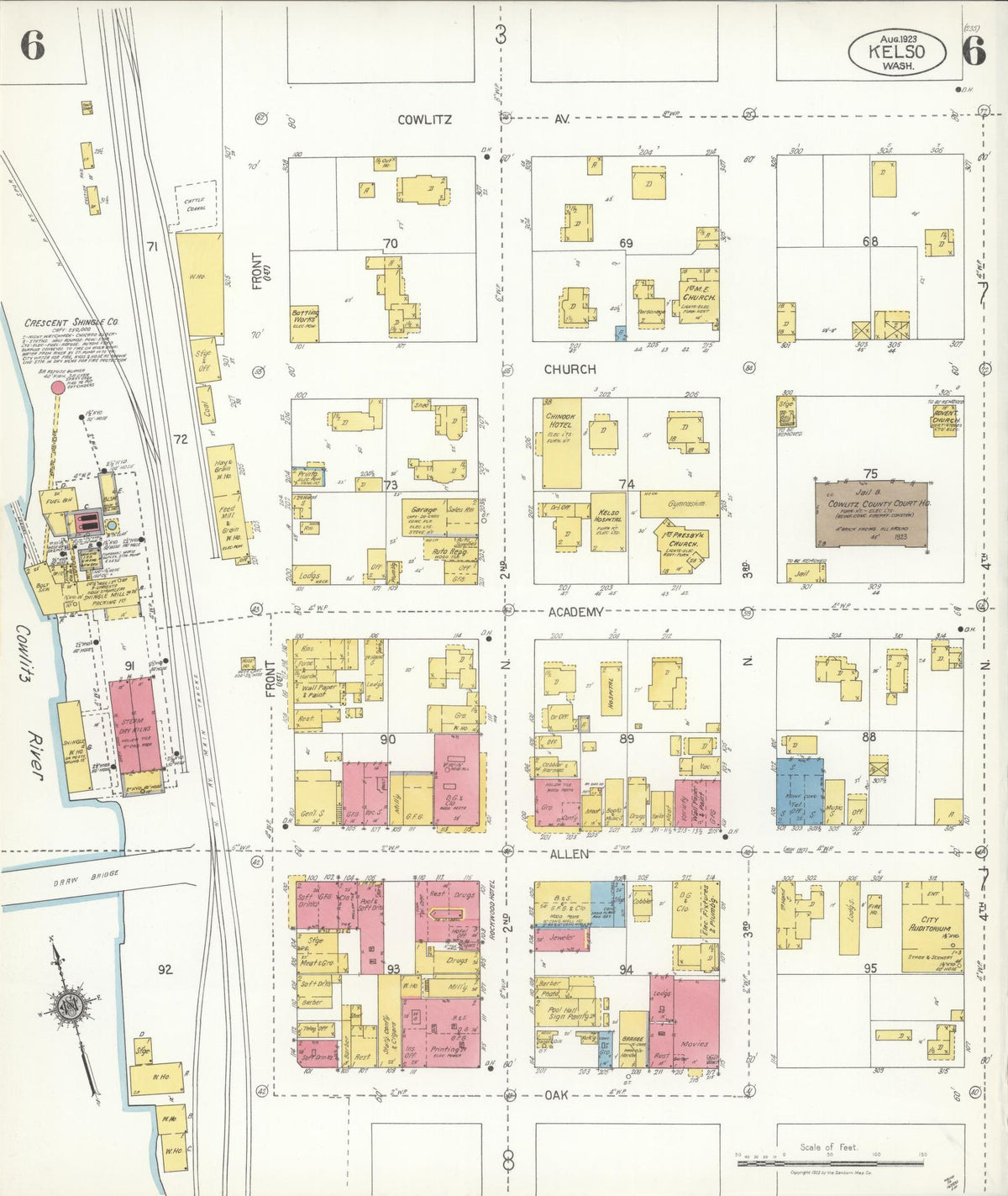 Sanborn Fire Insurance Map from Kelso, Cowlitz County, Washington (1923), Sheet #0006 - Historic Sanborn Fire Insurance Map Print, vintage old map wall art, antique decor, genealogy gift, Washington Washington map