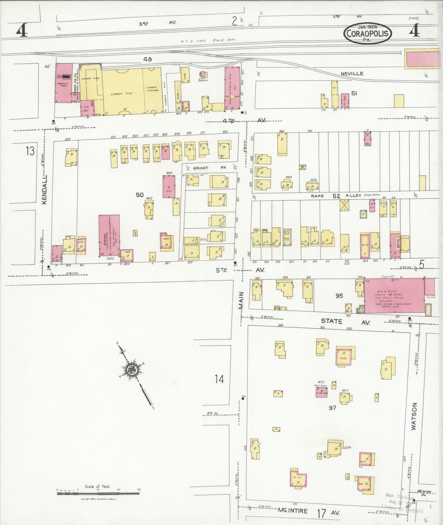 Sanborn Fire Insurance Map from Coraopolis, Allegheny County, Pennsylvania (1924), Sheet #0004 - Historic Sanborn Fire Insurance Map Print, vintage old map wall art, antique decor, genealogy gift, Pennsylvania Pennsylvania map