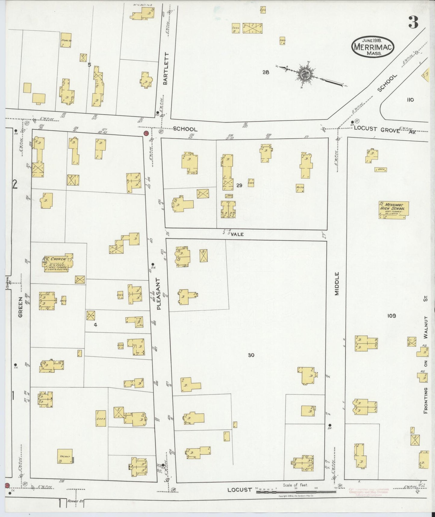 Sanborn Fire Insurance Map from Merrimac, Essex County, Massachusetts (1918), Sheet #0003 - Historic Sanborn Fire Insurance Map Print, vintage old map wall art, antique decor, genealogy gift, Massachusetts Massachusetts map