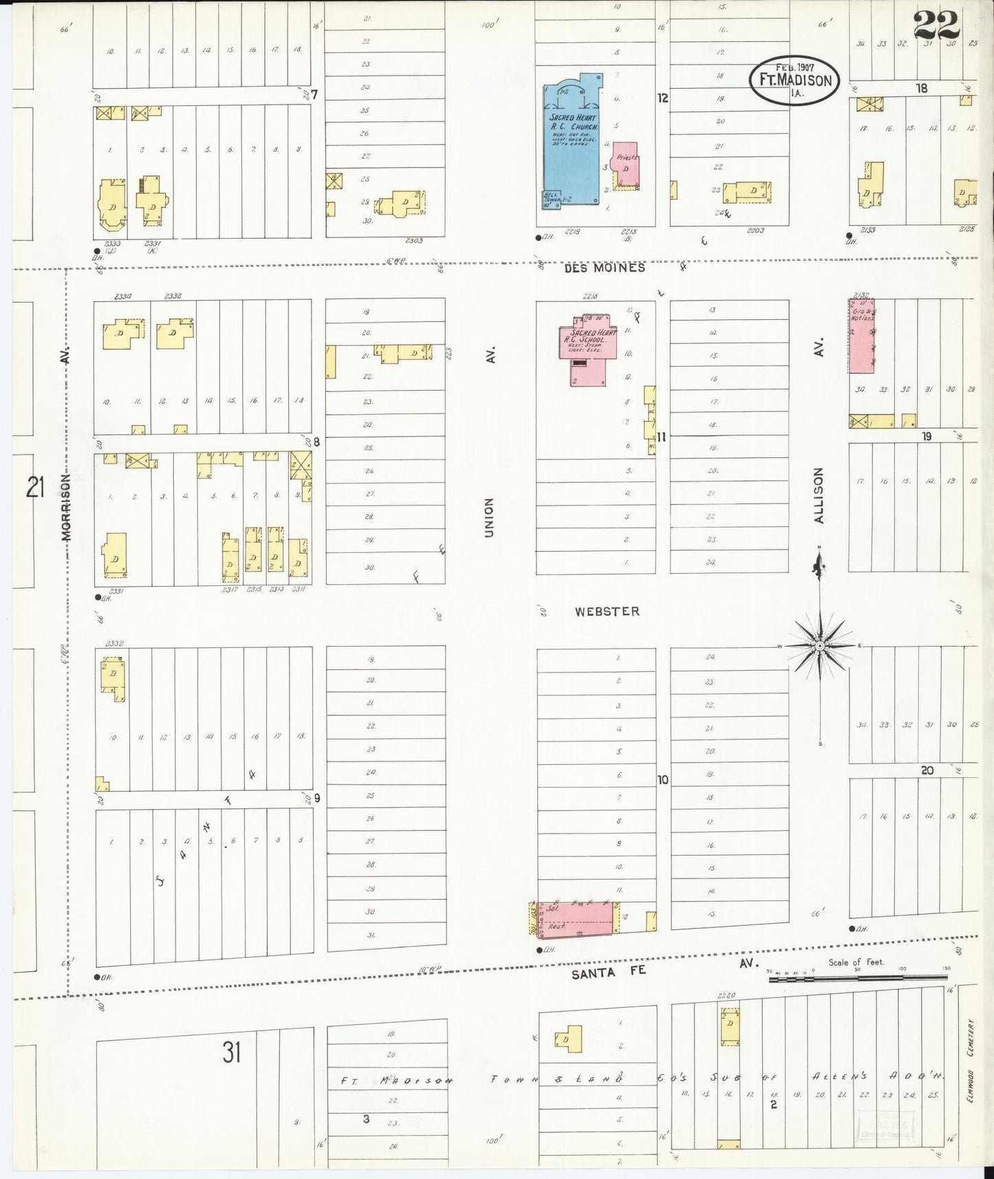 Sanborn Fire Insurance Map from Fort Madison, Lee County, Iowa (1907), Sheet #0022 - Historic Sanborn Fire Insurance Map Print, vintage old map wall art