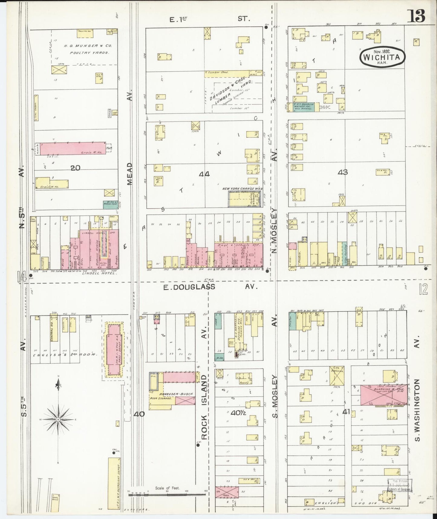 Sanborn Fire Insurance Map from Wichita, Sedgwick County, Kansas (1892), Sheet #0013 - Historic Sanborn Fire Insurance Map Print, vintage old map wall art, antique decor, genealogy gift, Kansas Kansas map