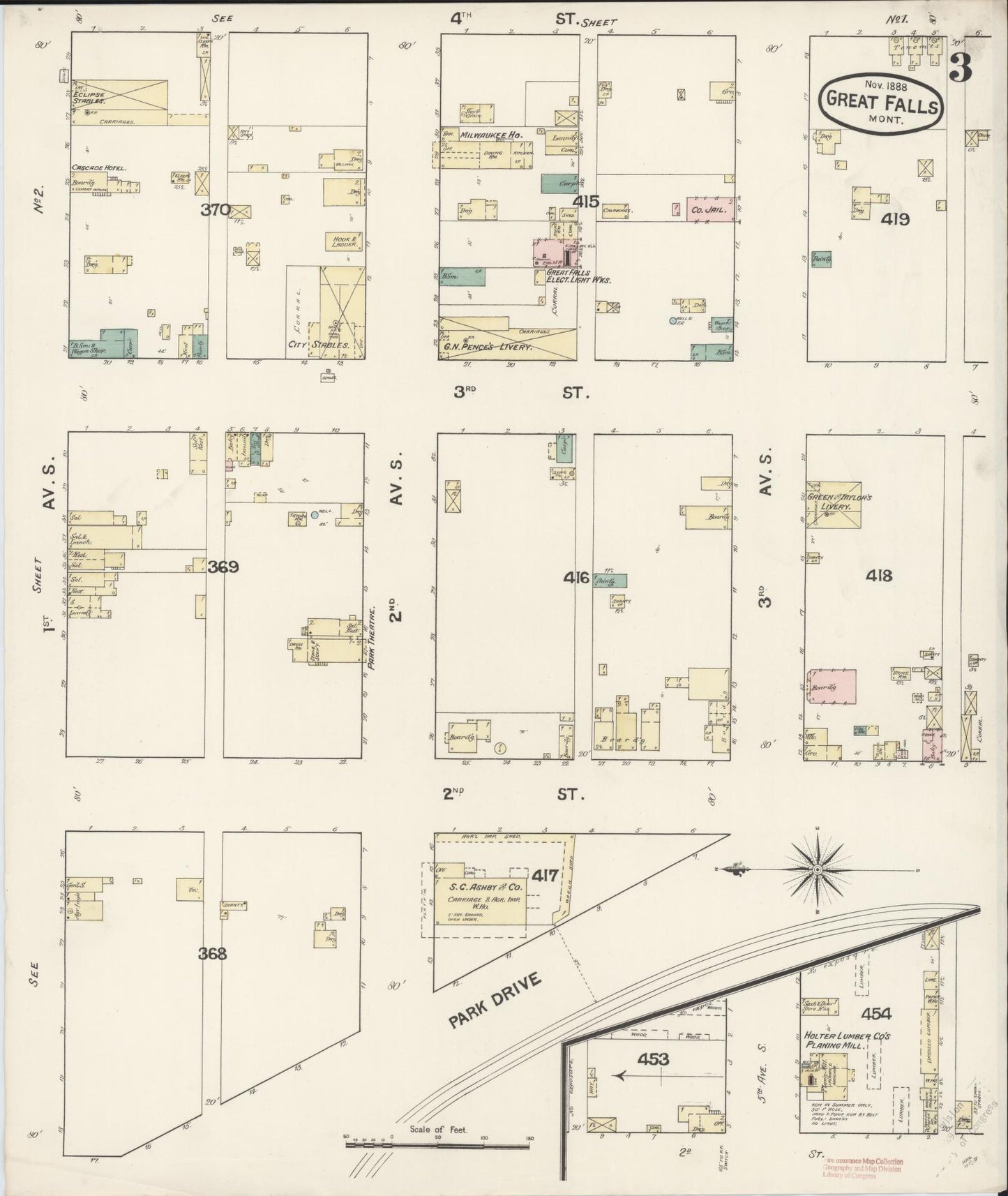 Sanborn Fire Insurance Map from Great Falls, Cascade County, Montana (1888), Sheet #0003 - Complete Map Set gallery image, historic Sanborn map, vintage wall art, Montana Montana