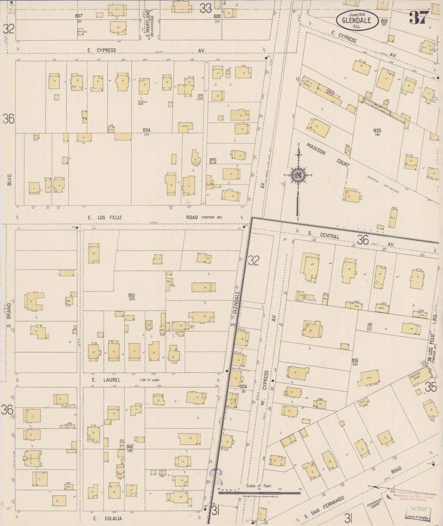 Sanborn Fire Insurance Map from Glendale, Los Angeles County, California (1919), Sheet #0037 - Historic Sanborn Fire Insurance Map Print, vintage old map wall art, antique decor, genealogy gift, California California map